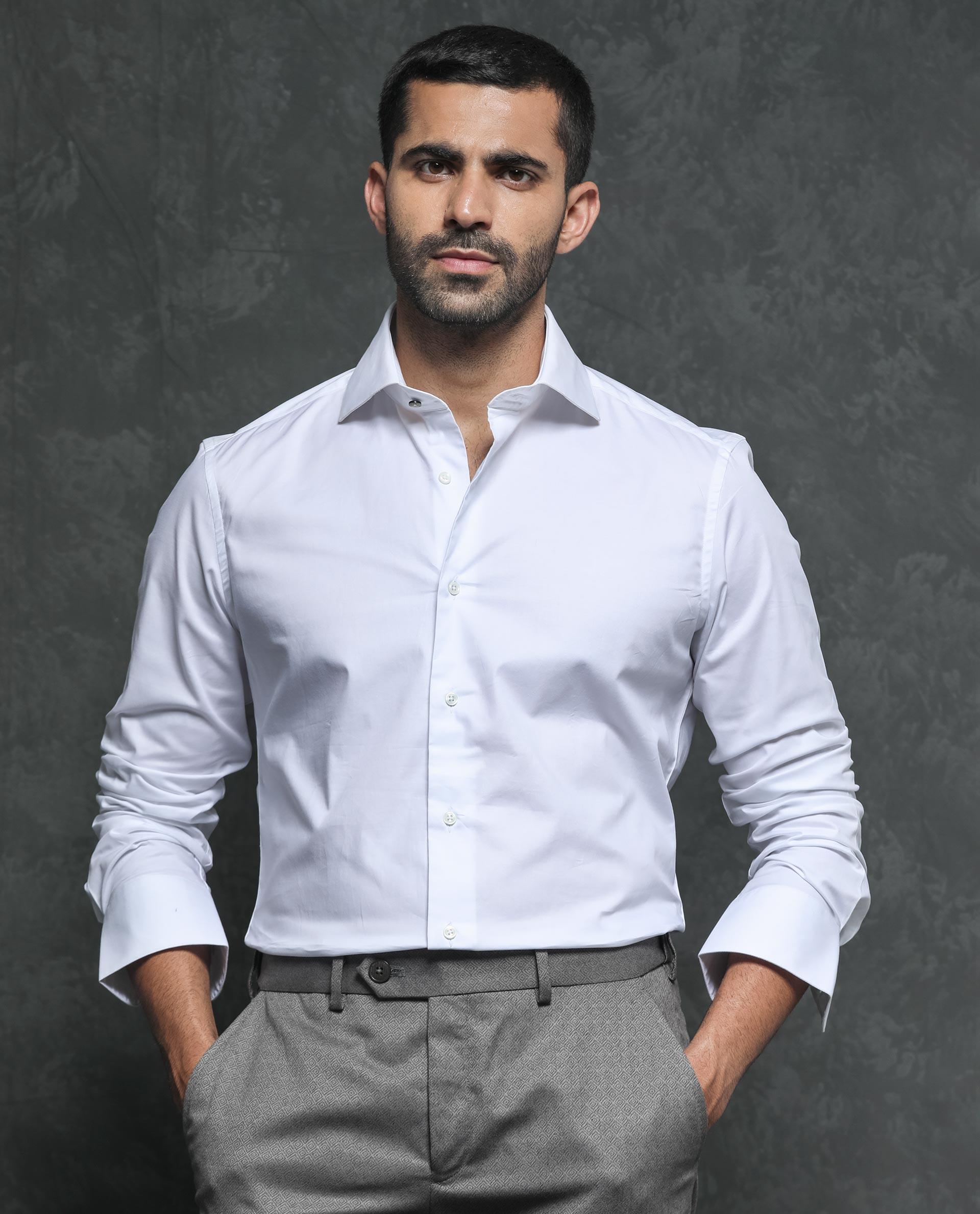 Rare Rabbit Men's Ronas White Cotton Fabric Full Sleeves Solid Shirt