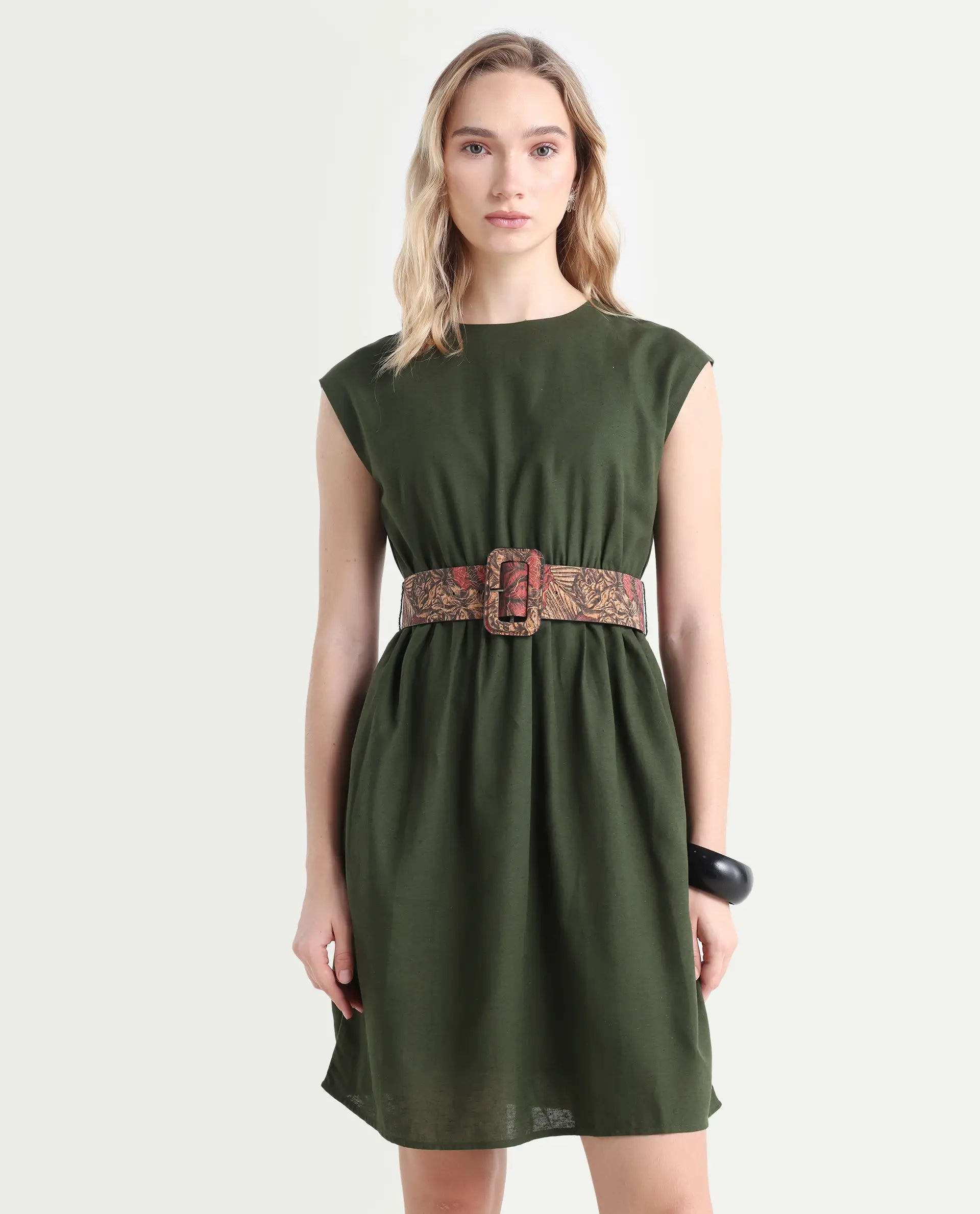 Rareism Women's Ronas Olive Cotton Round Neck Plain Sleeveless Mini A-Line Dress