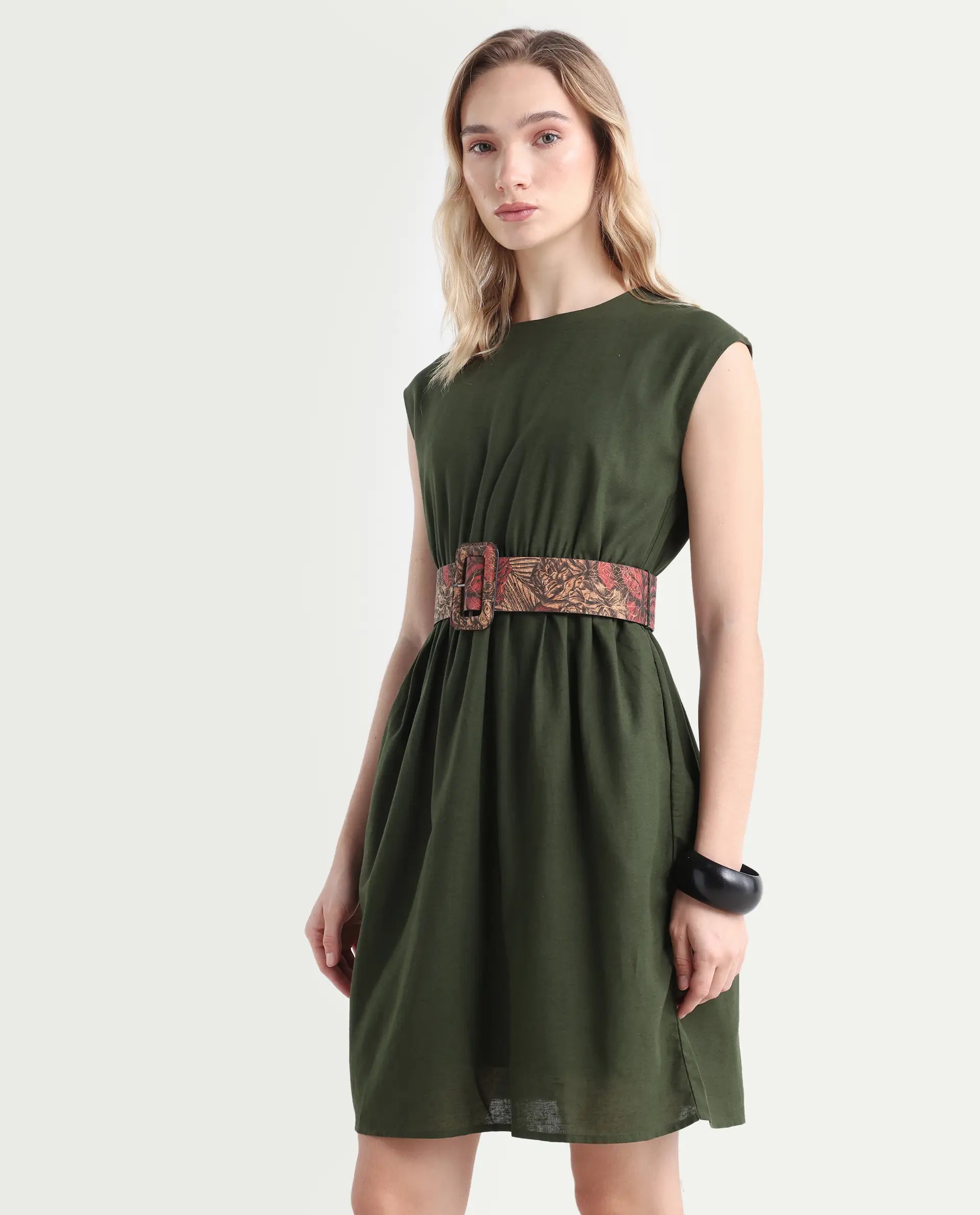 Rareism Women's Ronas Olive Cotton Round Neck Plain Sleeveless Mini A-Line Dress
