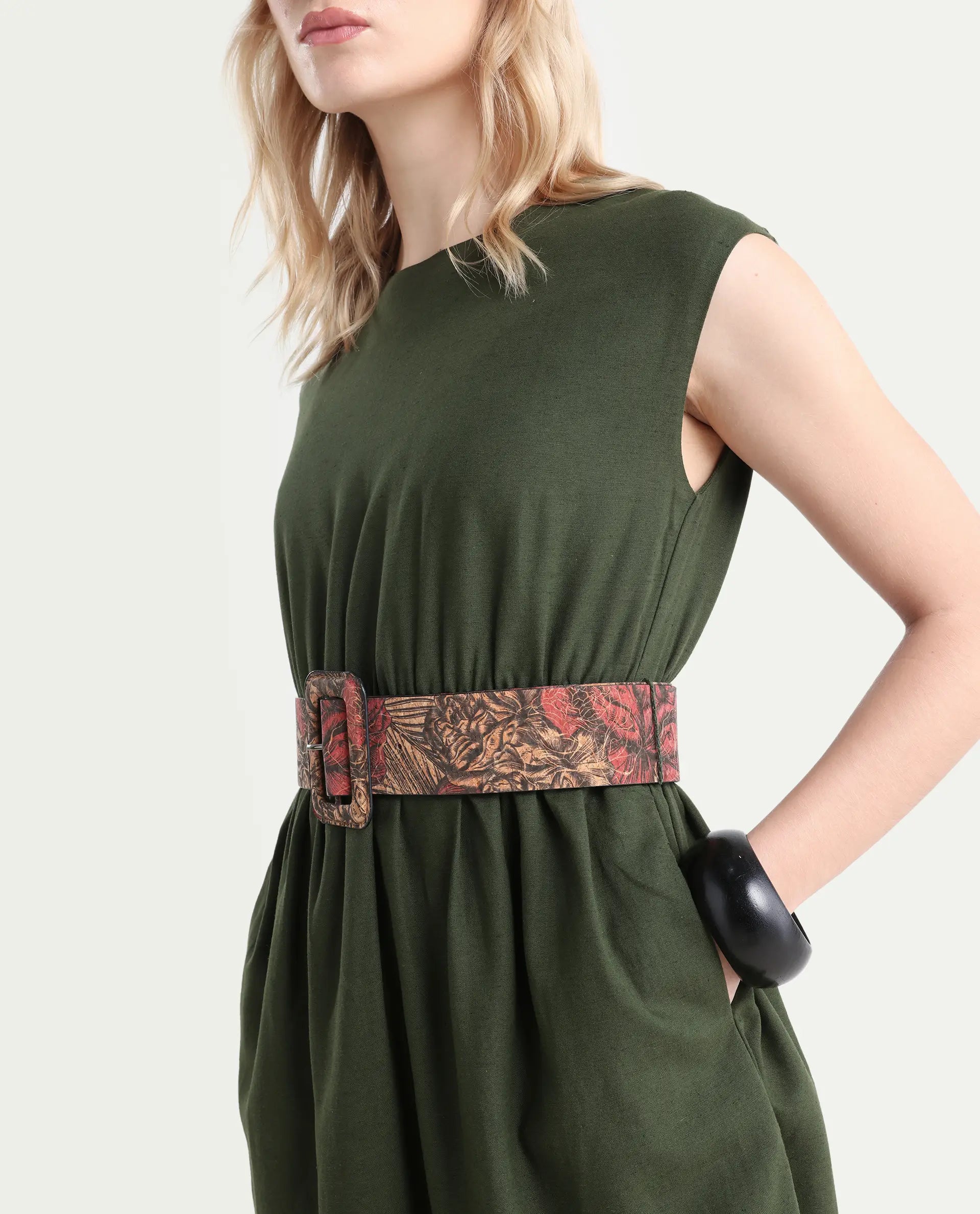 Rareism Women's Ronas Olive Cotton Round Neck Plain Sleeveless Mini A-Line Dress