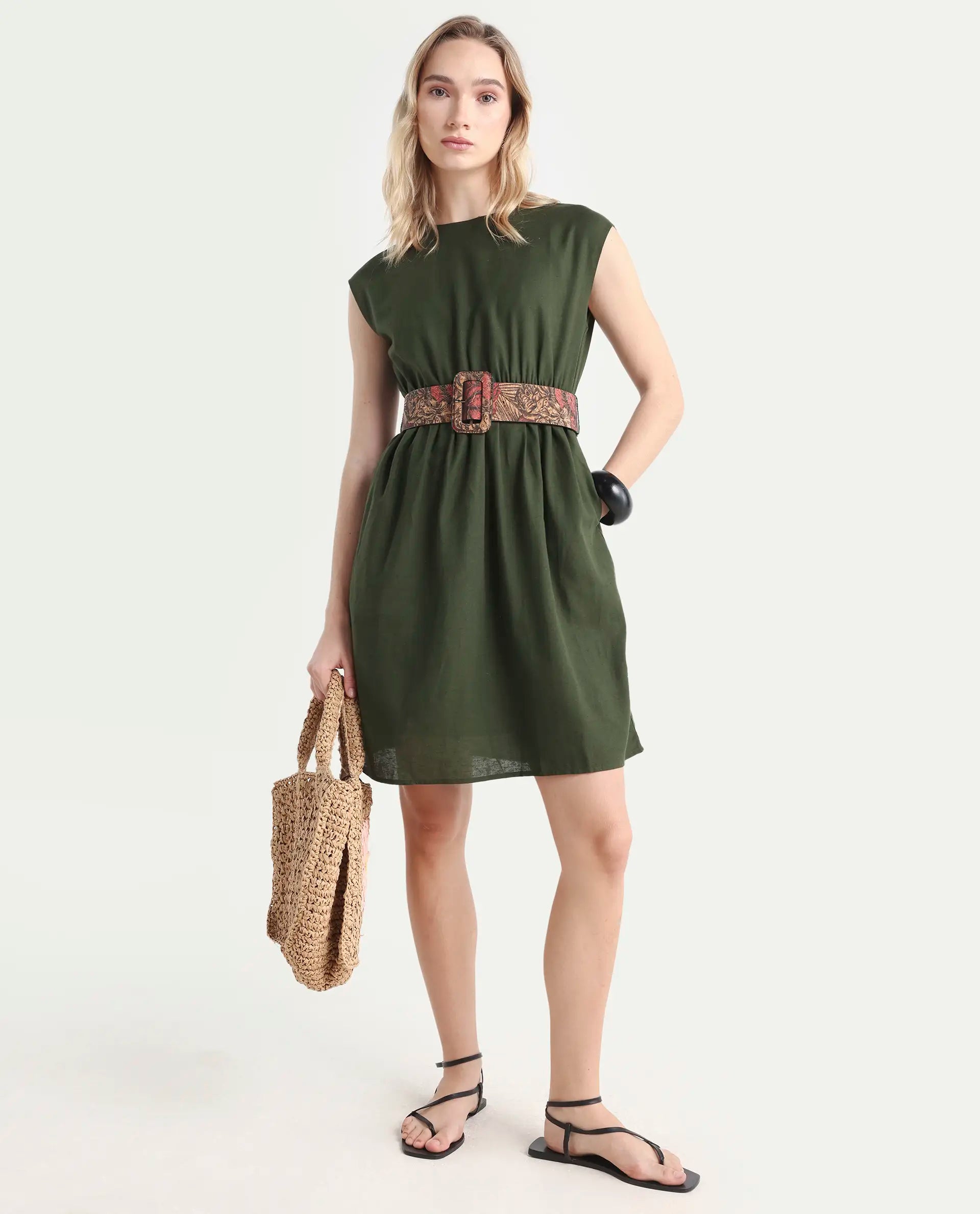 Rareism Women's Ronas Olive Cotton Round Neck Plain Sleeveless Mini A-Line Dress