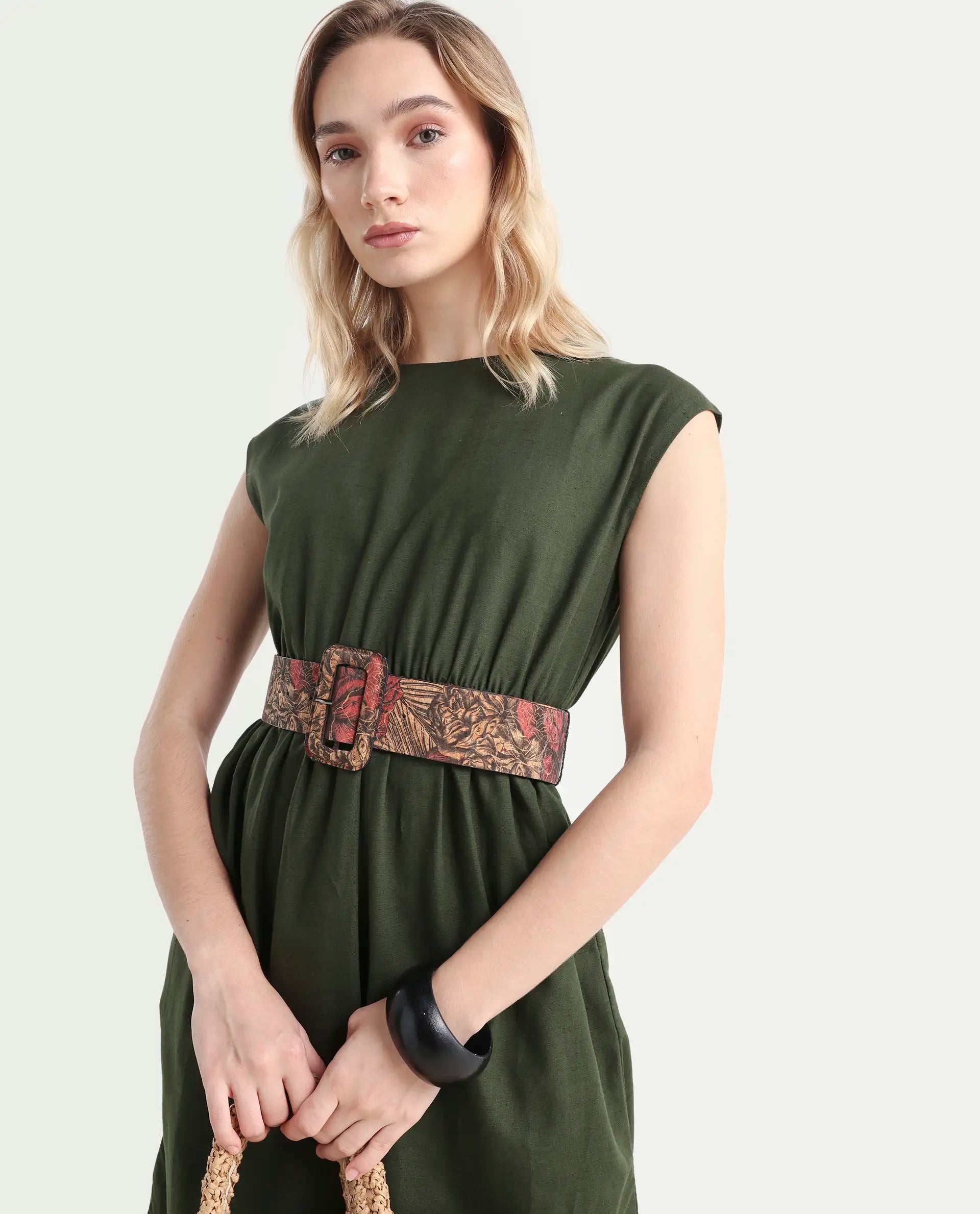 Rareism Women's Ronas Olive Cotton Round Neck Plain Sleeveless Mini A-Line Dress