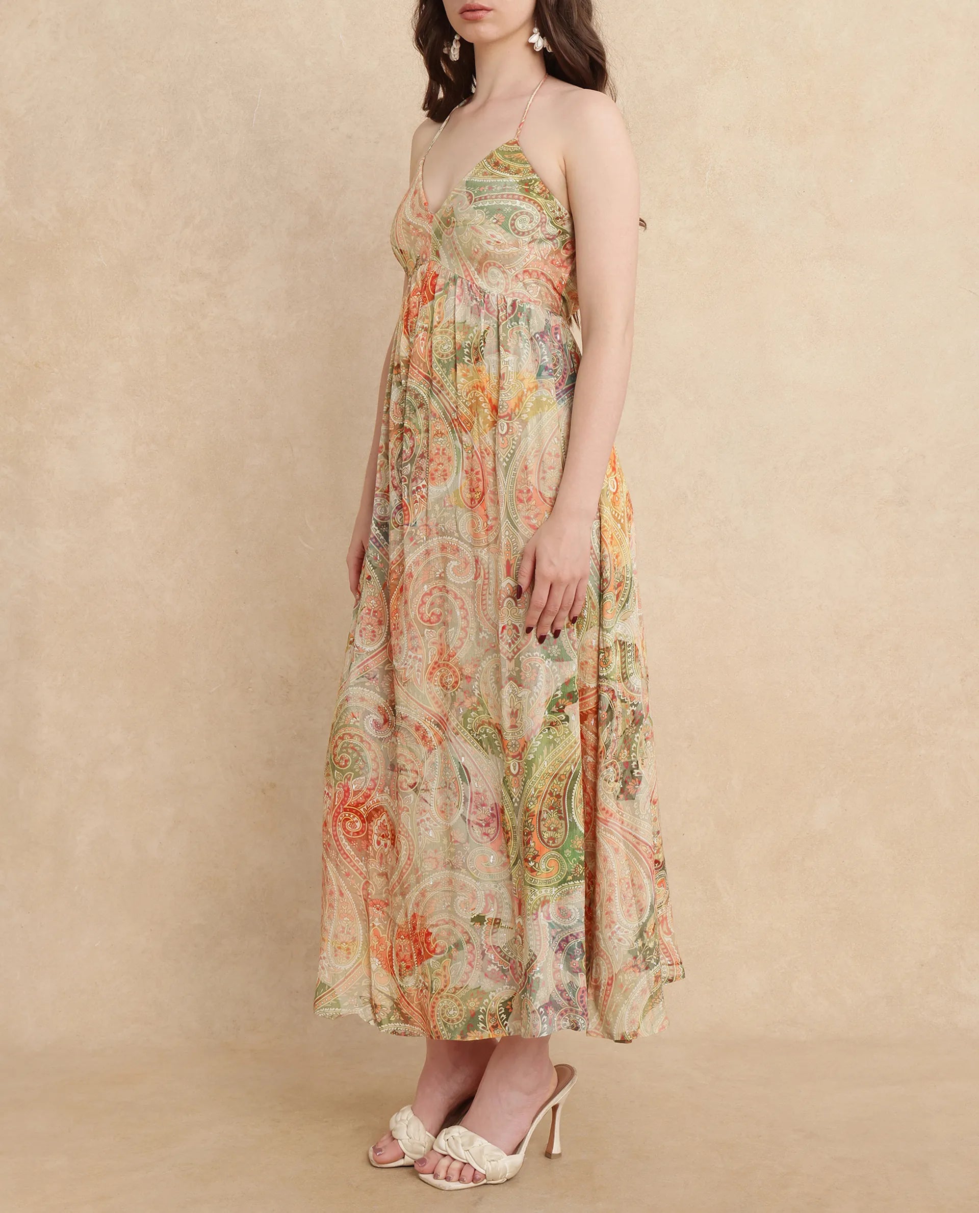 Rareism Women's Ronat Multi Cotton Blend Fabric V-Neck Tie-Up Closure Sleeveless Paisley Print Fit And Flare Maxi Dress