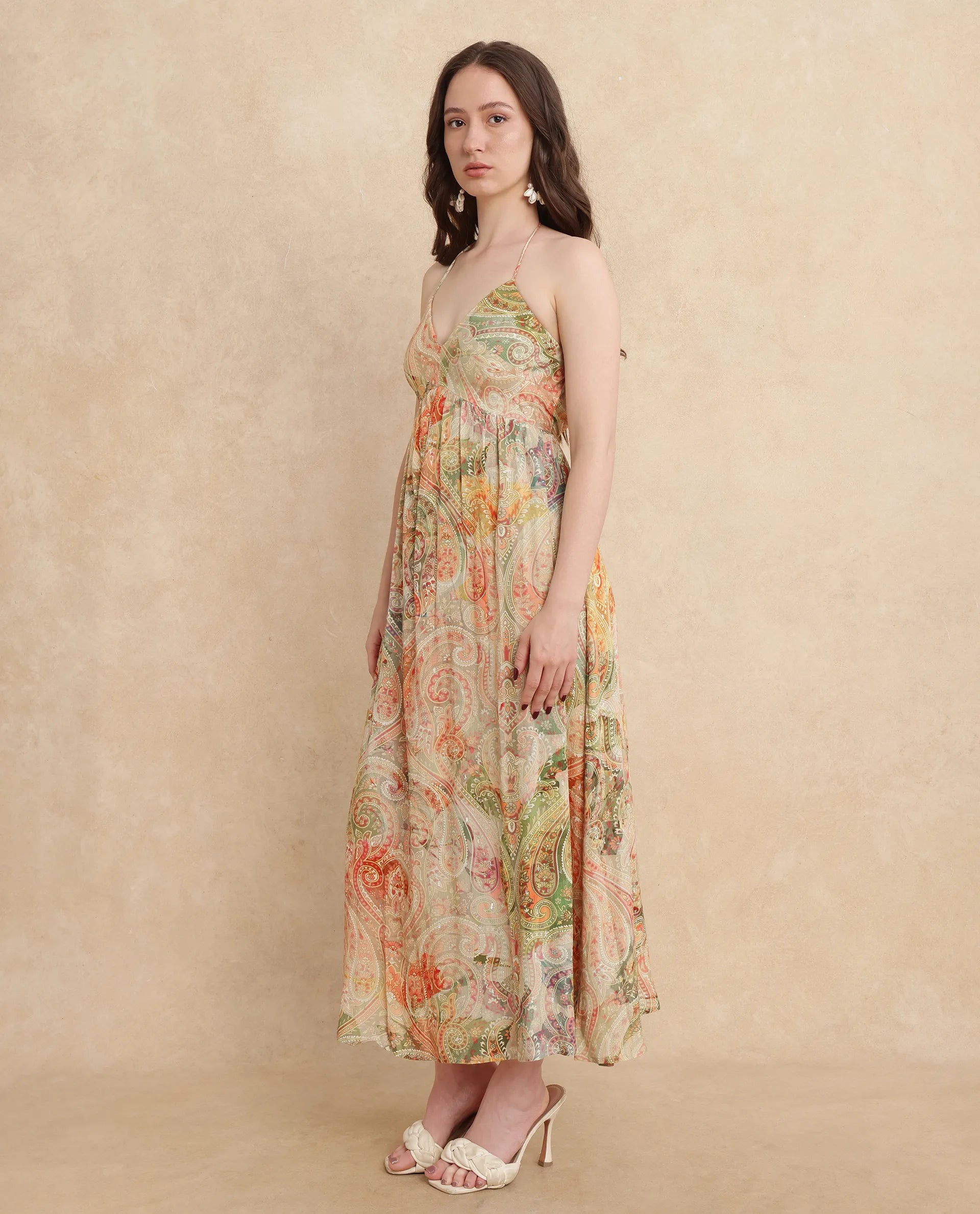 Rareism Women's Ronat Multi Cotton Blend Fabric V-Neck Tie-Up Closure Sleeveless Paisley Print Fit And Flare Maxi Dress