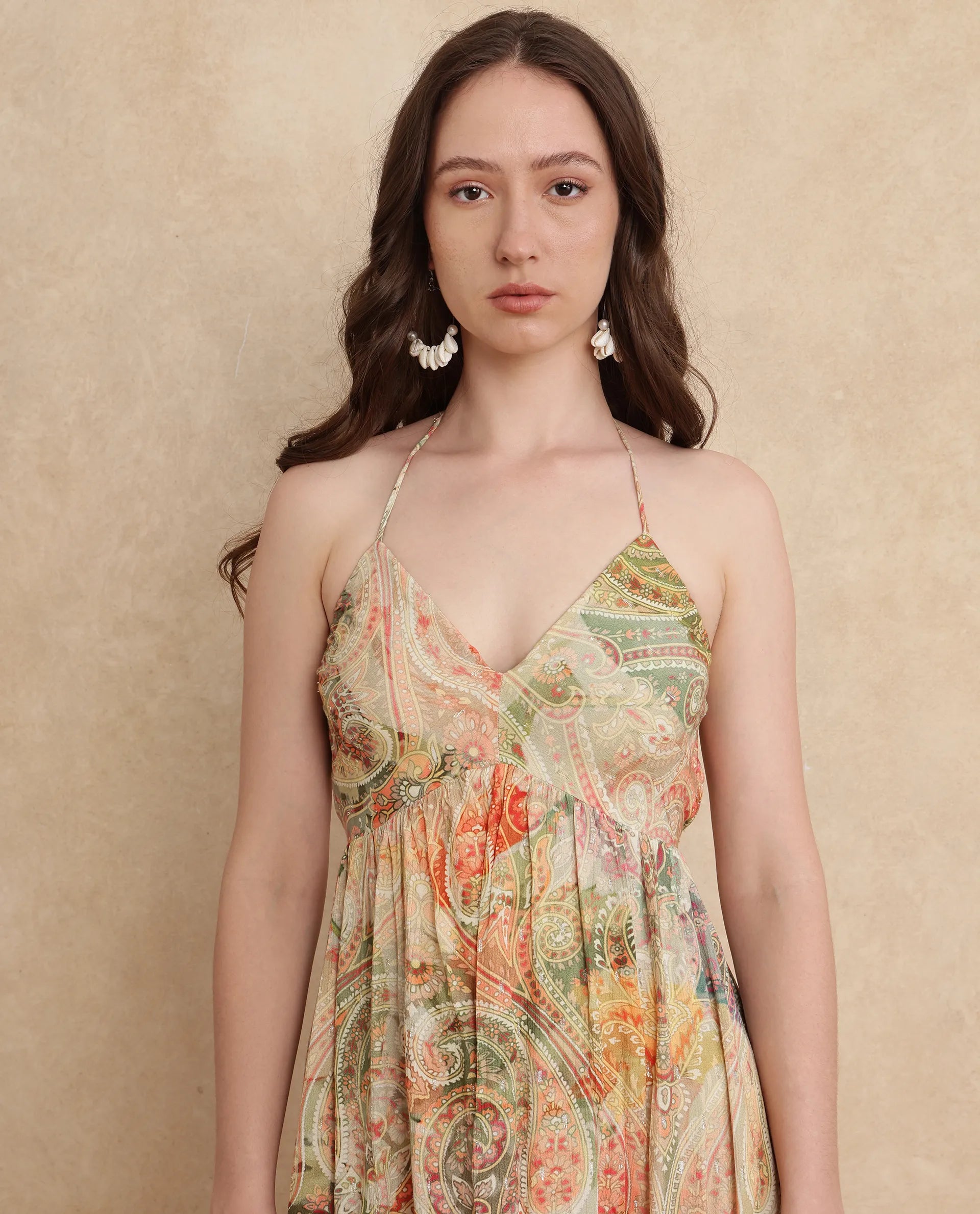 Rareism Women's Ronat Multi Cotton Blend Fabric V-Neck Tie-Up Closure Sleeveless Paisley Print Fit And Flare Maxi Dress