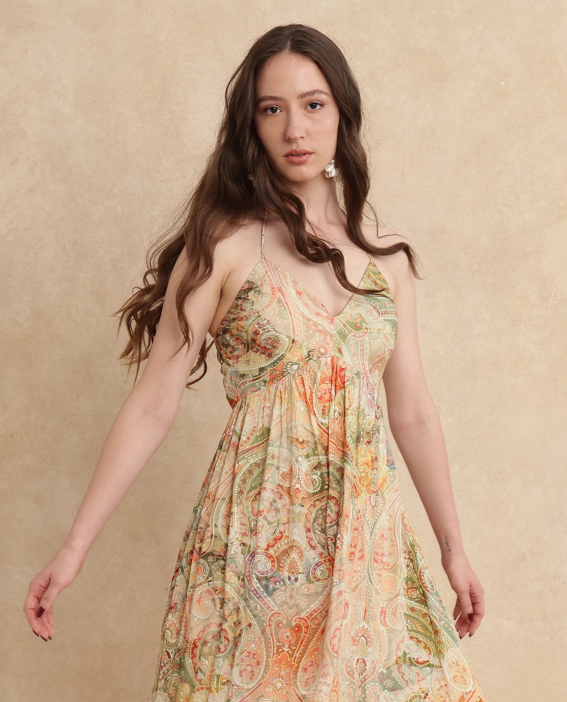 Rareism Women's Ronat Multi Cotton Blend Fabric V-Neck Tie-Up Closure Sleeveless Paisley Print Fit And Flare Maxi Dress