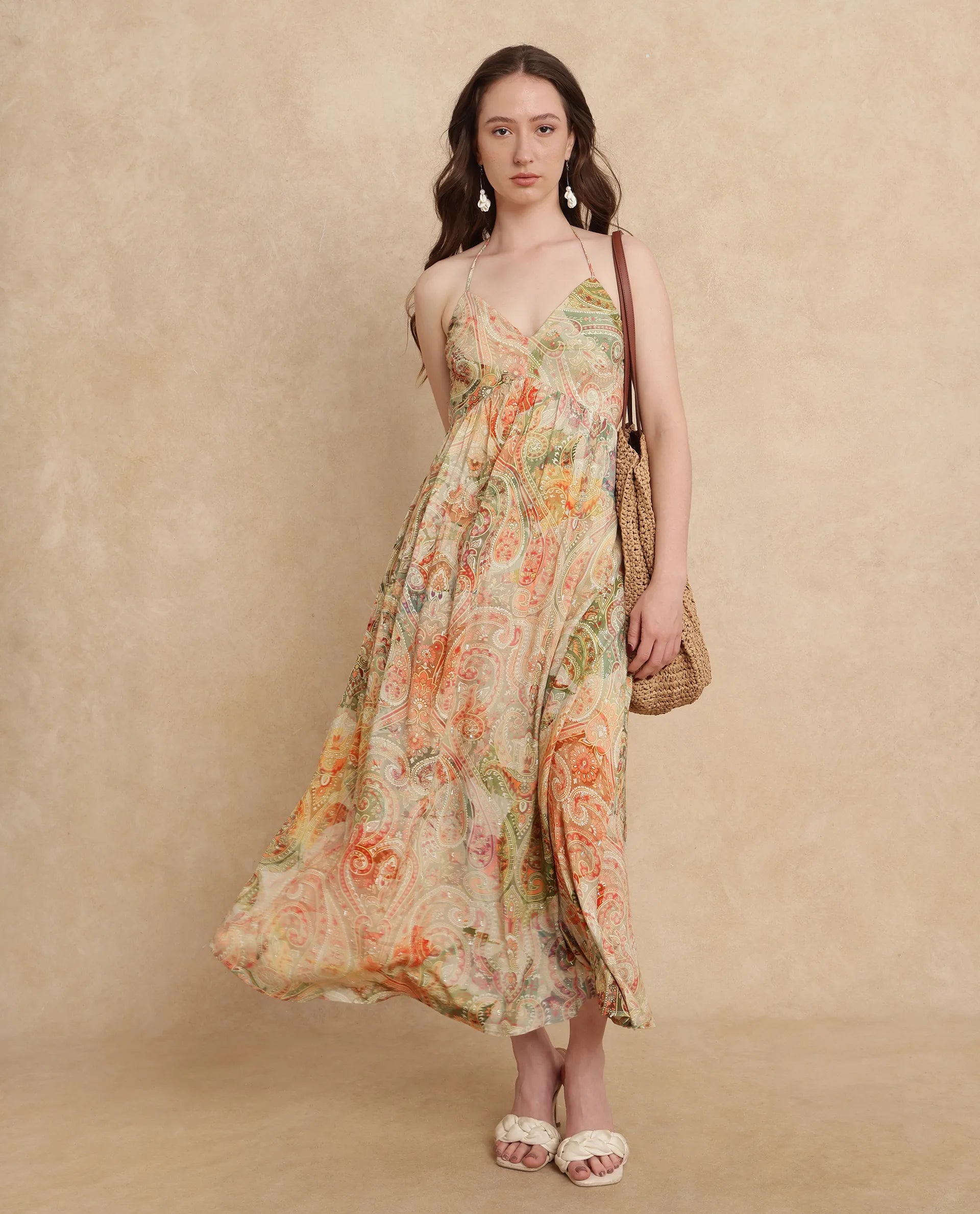 Rareism Women's Ronat Multi Cotton Blend Fabric V-Neck Tie-Up Closure Sleeveless Paisley Print Fit And Flare Maxi Dress