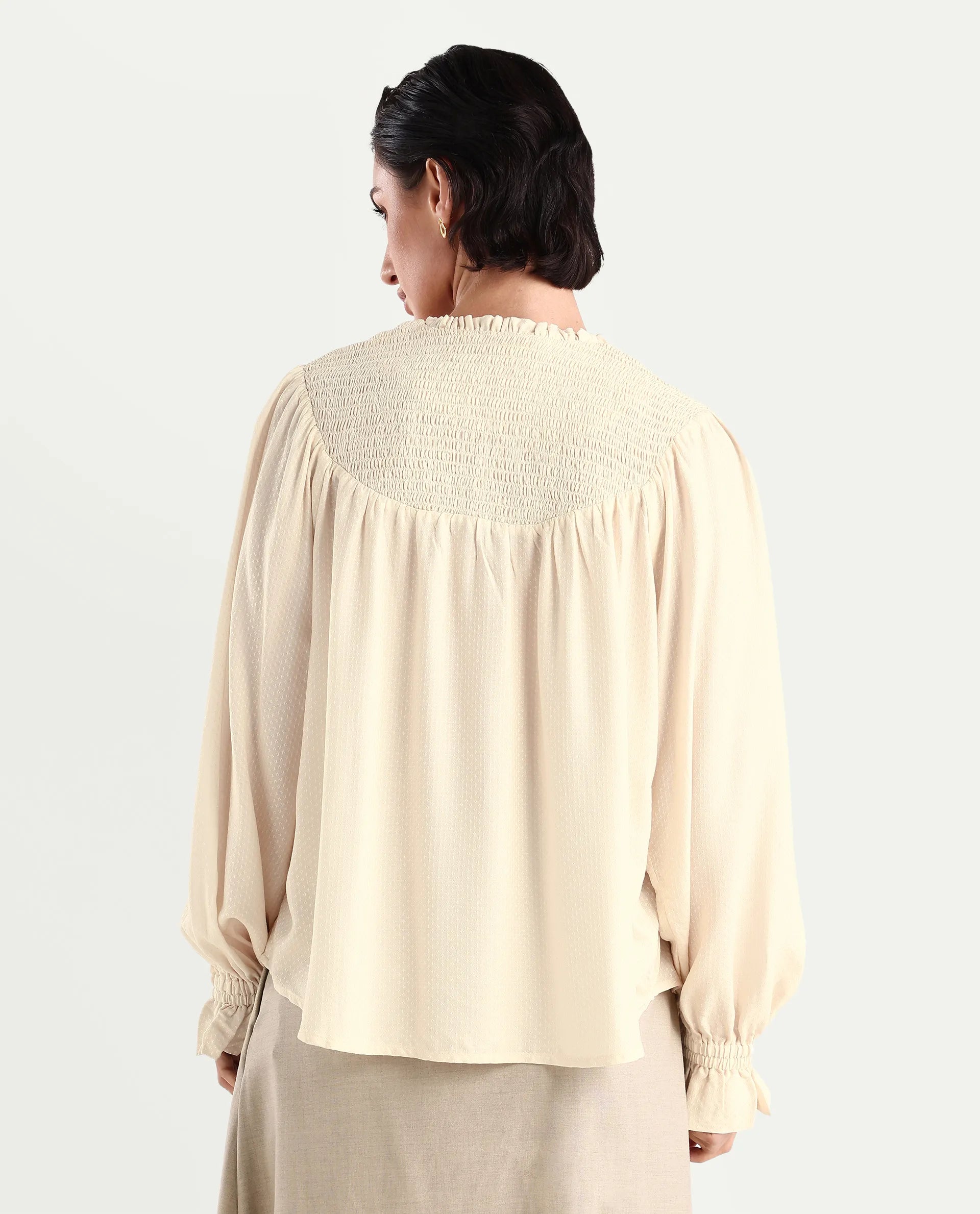 Rareism Women's Ronavi-T Beige Viscose Ruffled Neck Paisley Print Raglan Sleeve Relaxed Fit Top