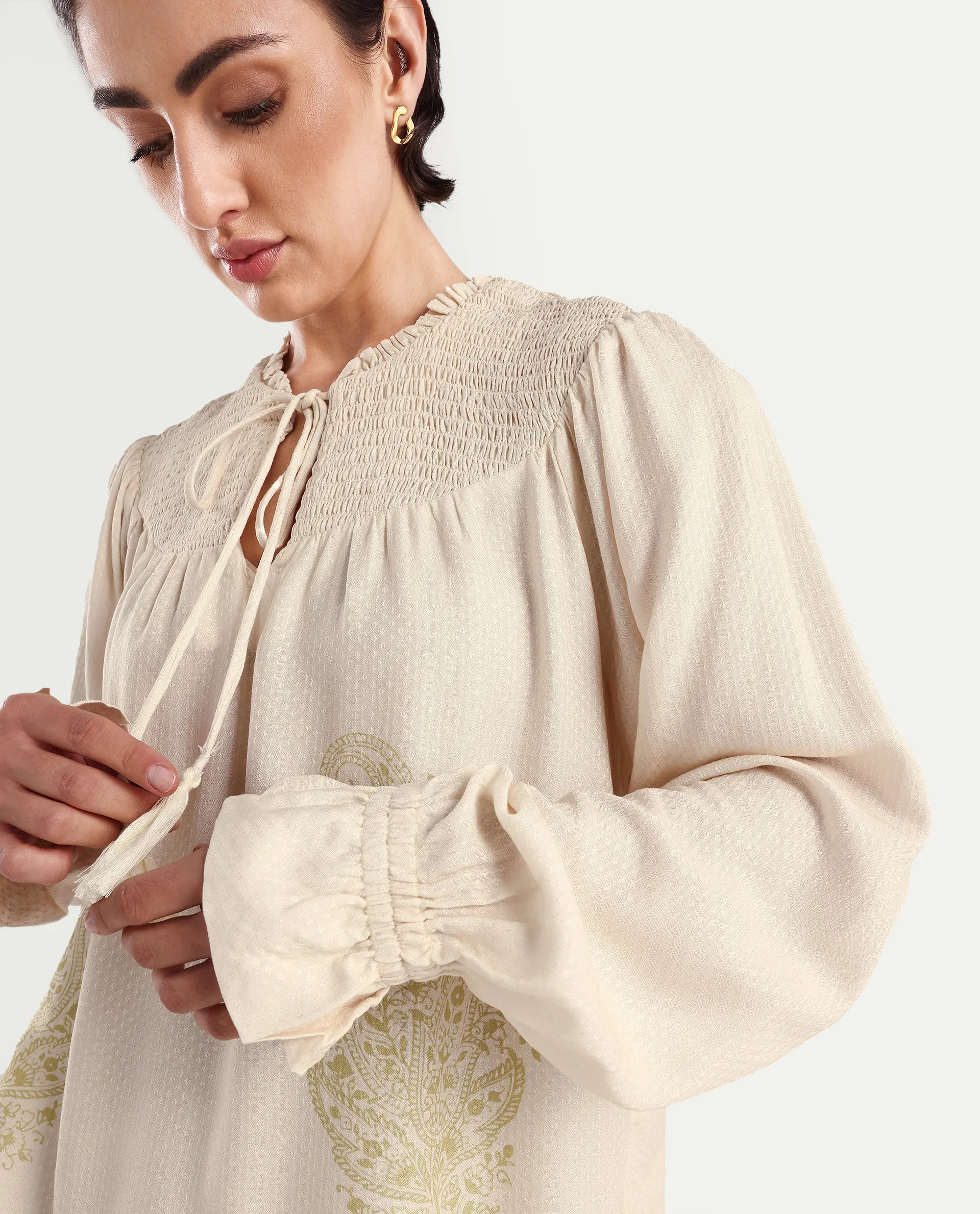 Rareism Women's Ronavi-T Beige Viscose Ruffled Neck Paisley Print Raglan Sleeve Relaxed Fit Top