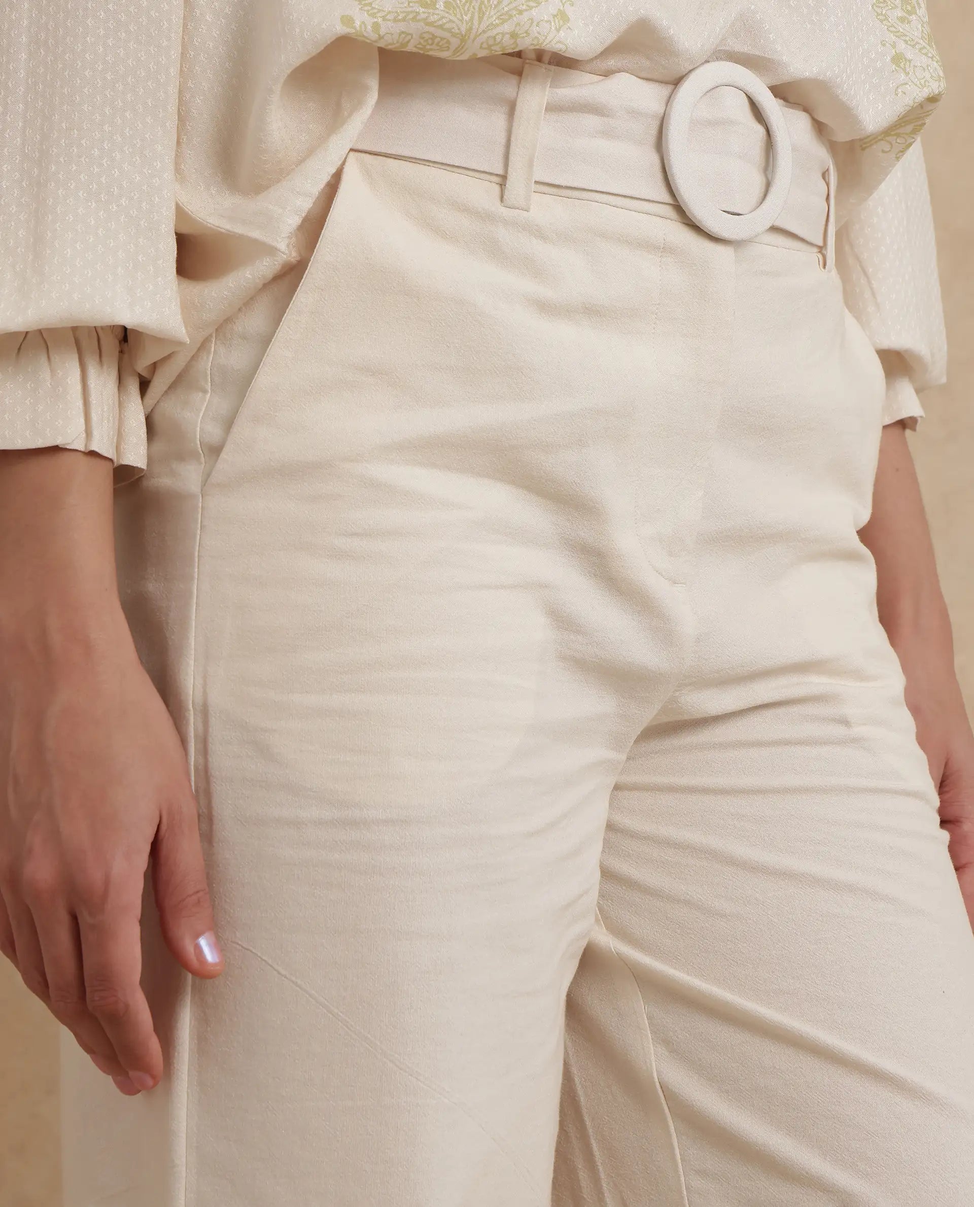 Rareism Women Ronavi-B Beige Cotton Fabric Wide Fit Paisley Print Trouser