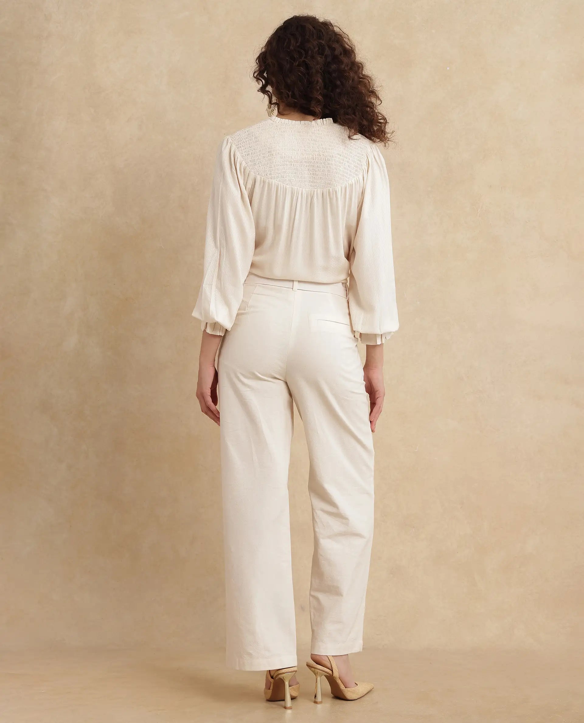 Rareism Women Ronavi-B Beige Cotton Fabric Wide Fit Paisley Print Trouser