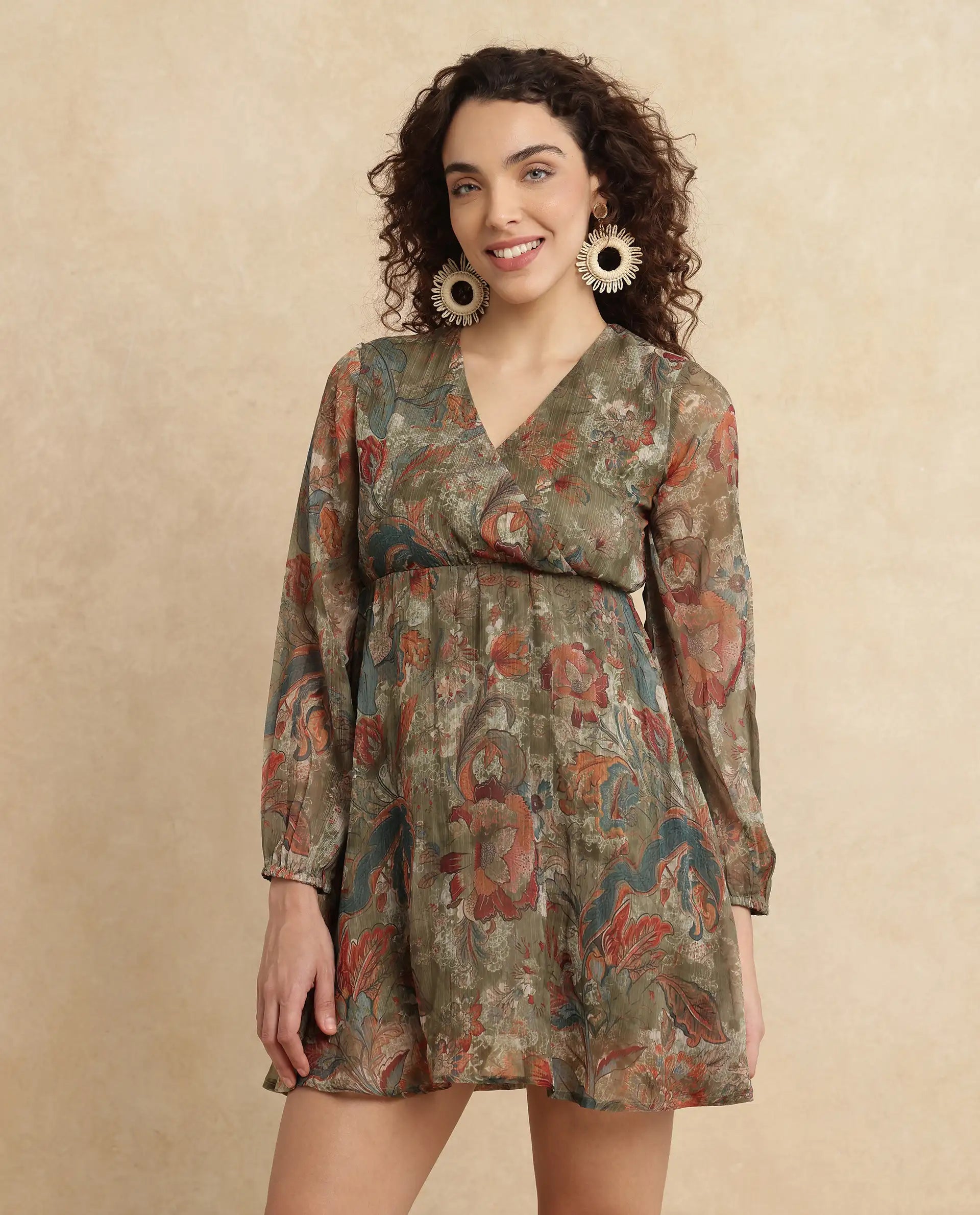 Rareism Women's Ronax Green Polyester Fabric V-Neck Slip-On Closure Bishop Sleeve Floral Print Fit And Flare Mini Dress