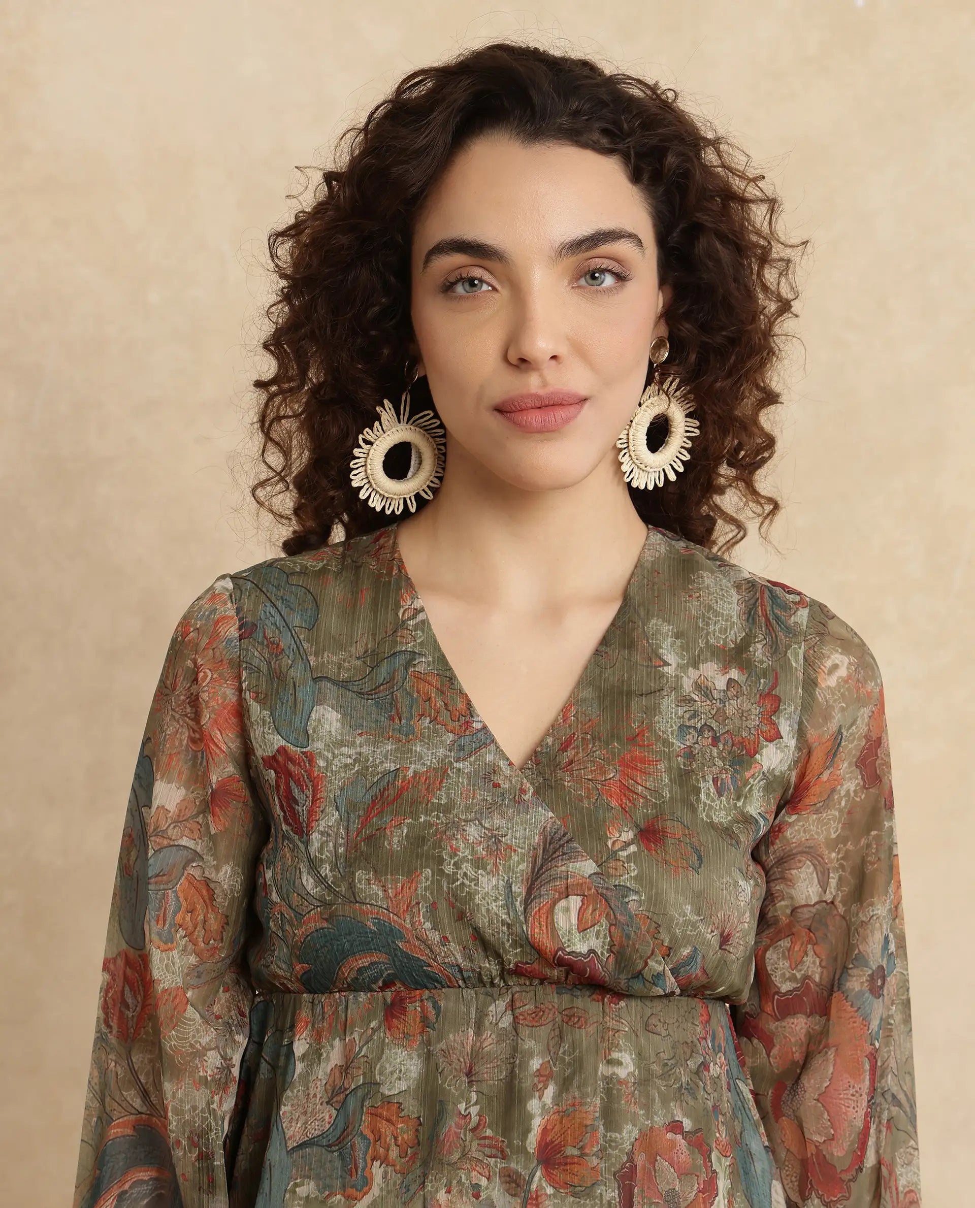 Rareism Women's Ronax Green Polyester Fabric V-Neck Slip-On Closure Bishop Sleeve Floral Print Fit And Flare Mini Dress