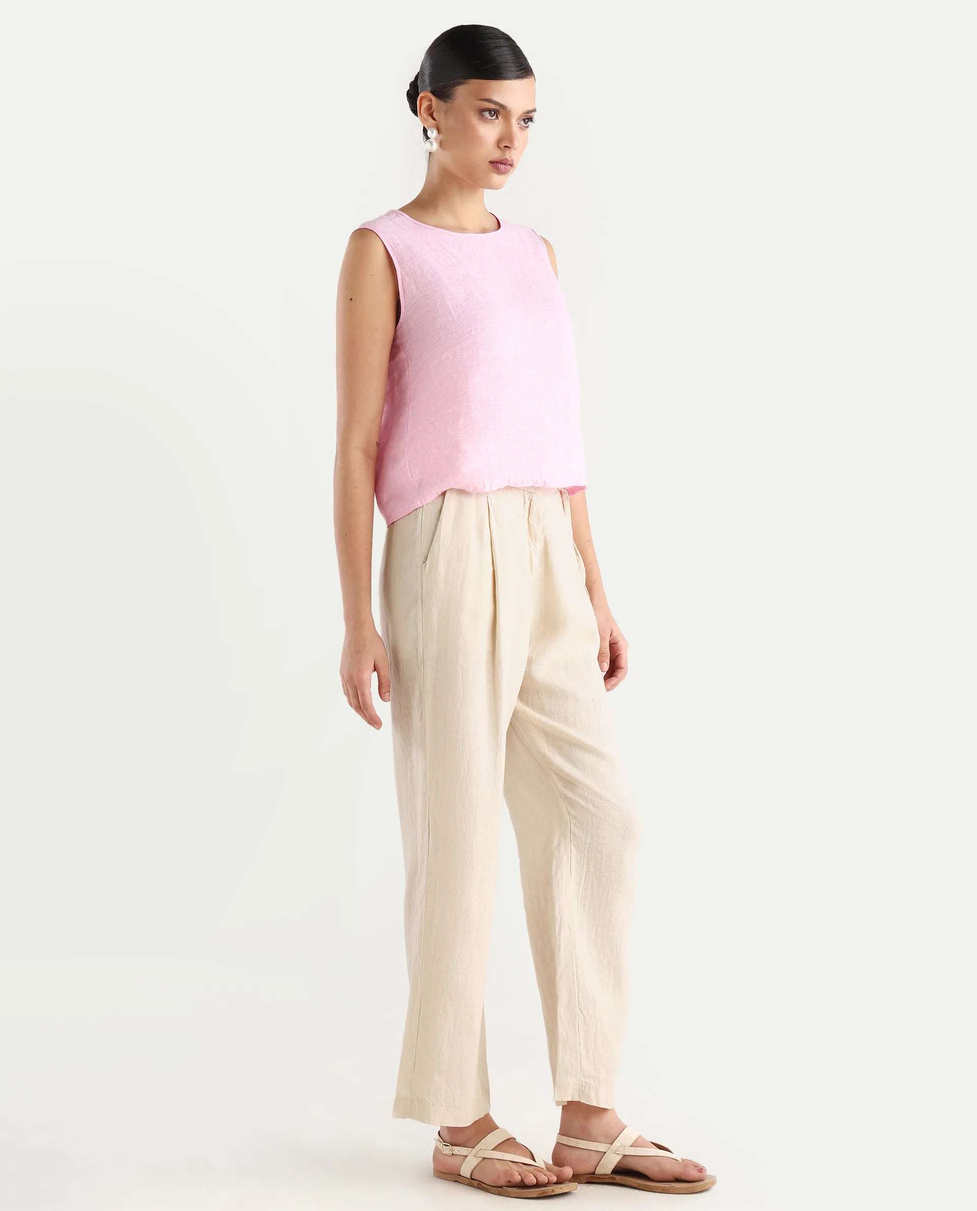 Rareism Women's Ronbla B Beige Linen Plain Ankle Length Straight Fit Trouser