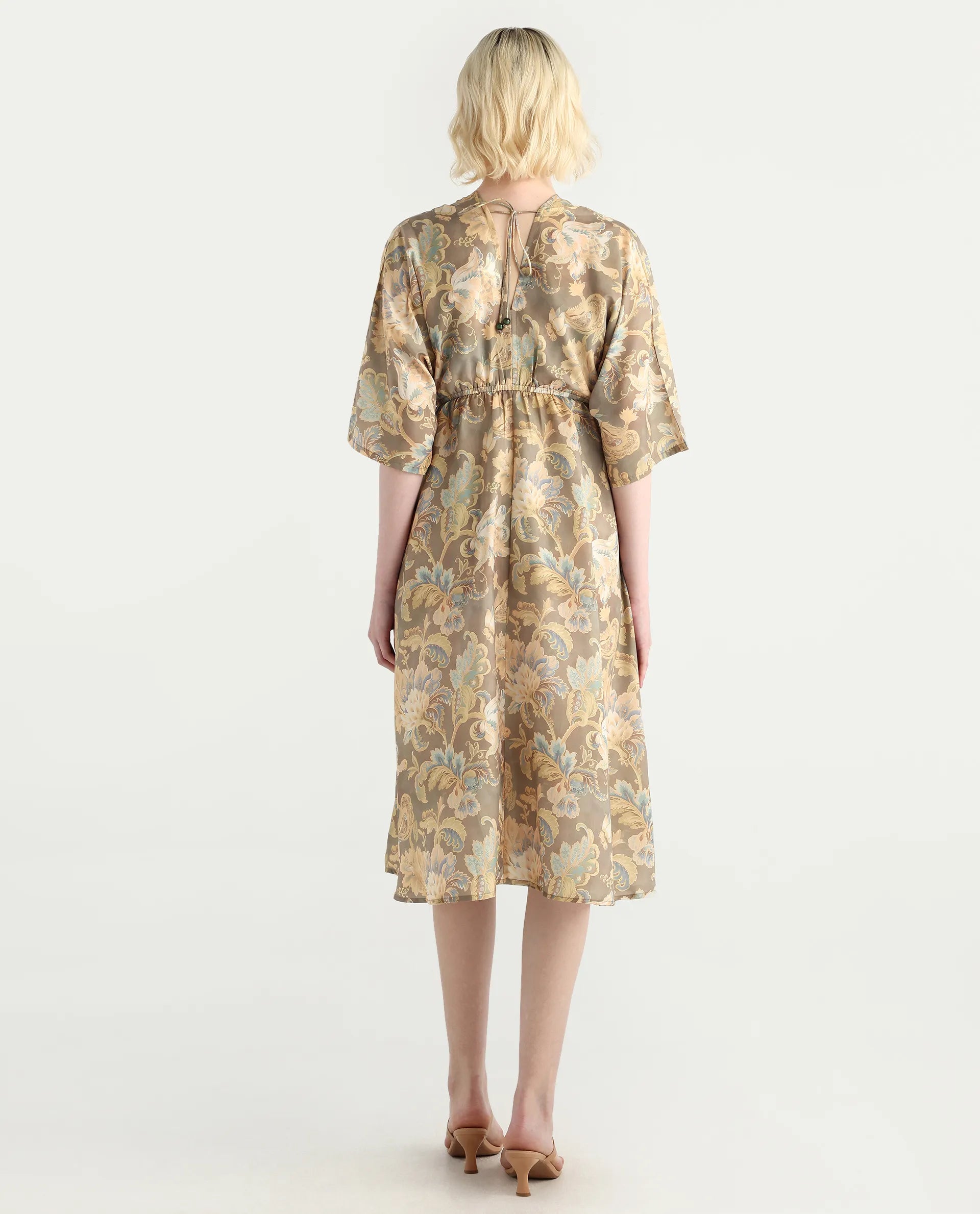 Rareism Women's Ronboh Dark Green Polyester V-Neck Floral Print Kimono Sleeve Knee Length Flared Dress