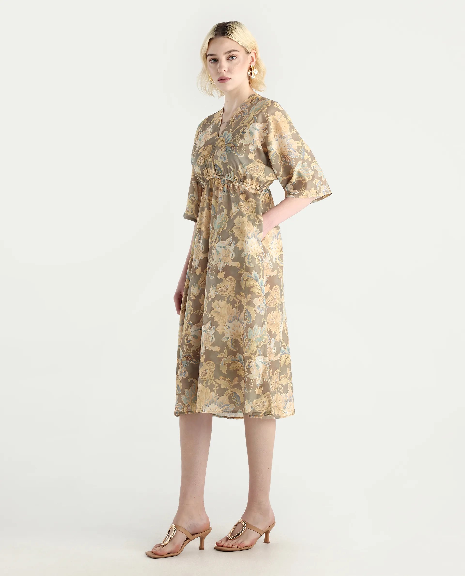 Rareism Women's Ronboh Dark Green Polyester V-Neck Floral Print Kimono Sleeve Knee Length Flared Dress