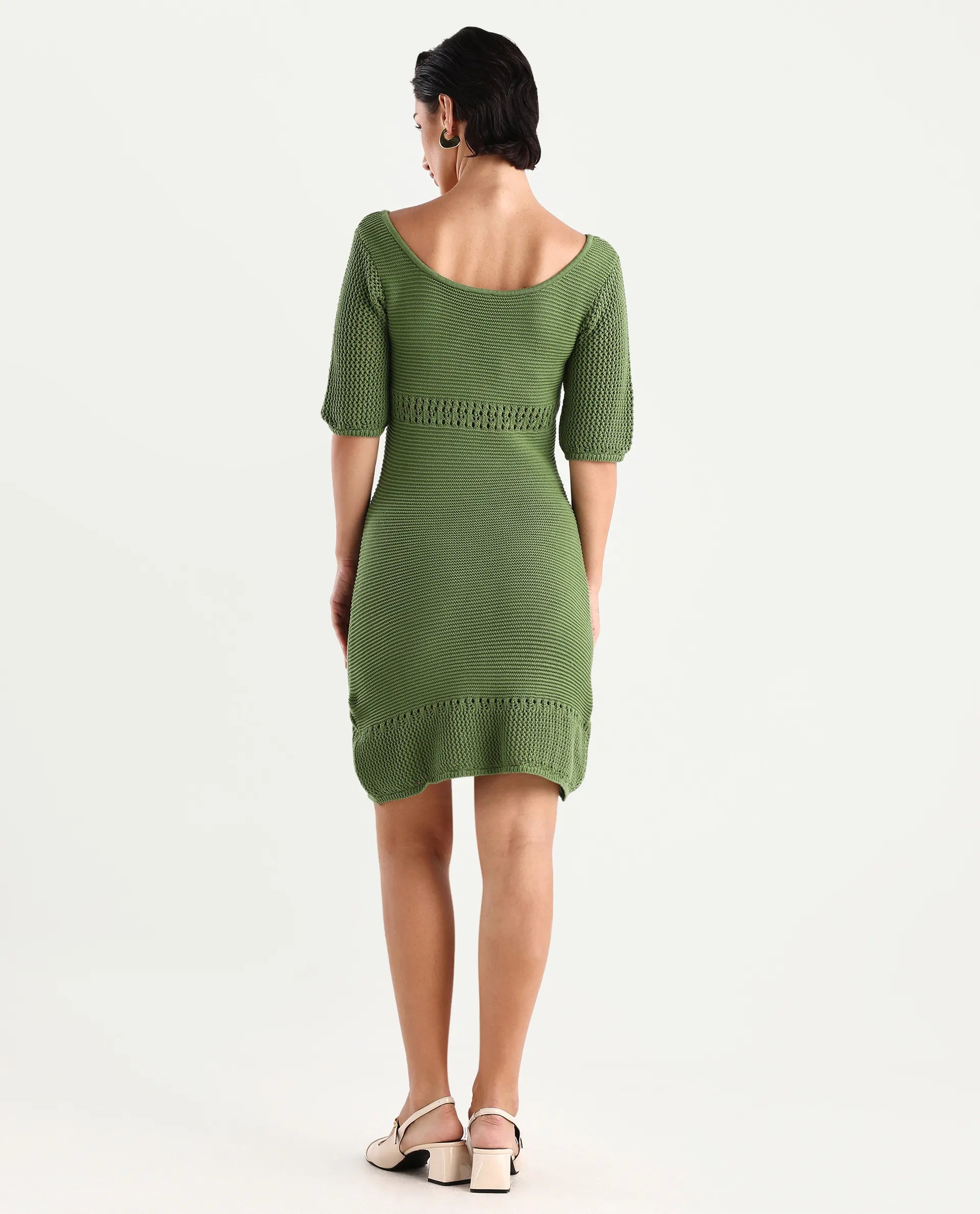 Rareism Women's Roncrod Dusky Olive Cotton Scoop Neck Plain Knee Length A-Line Dress