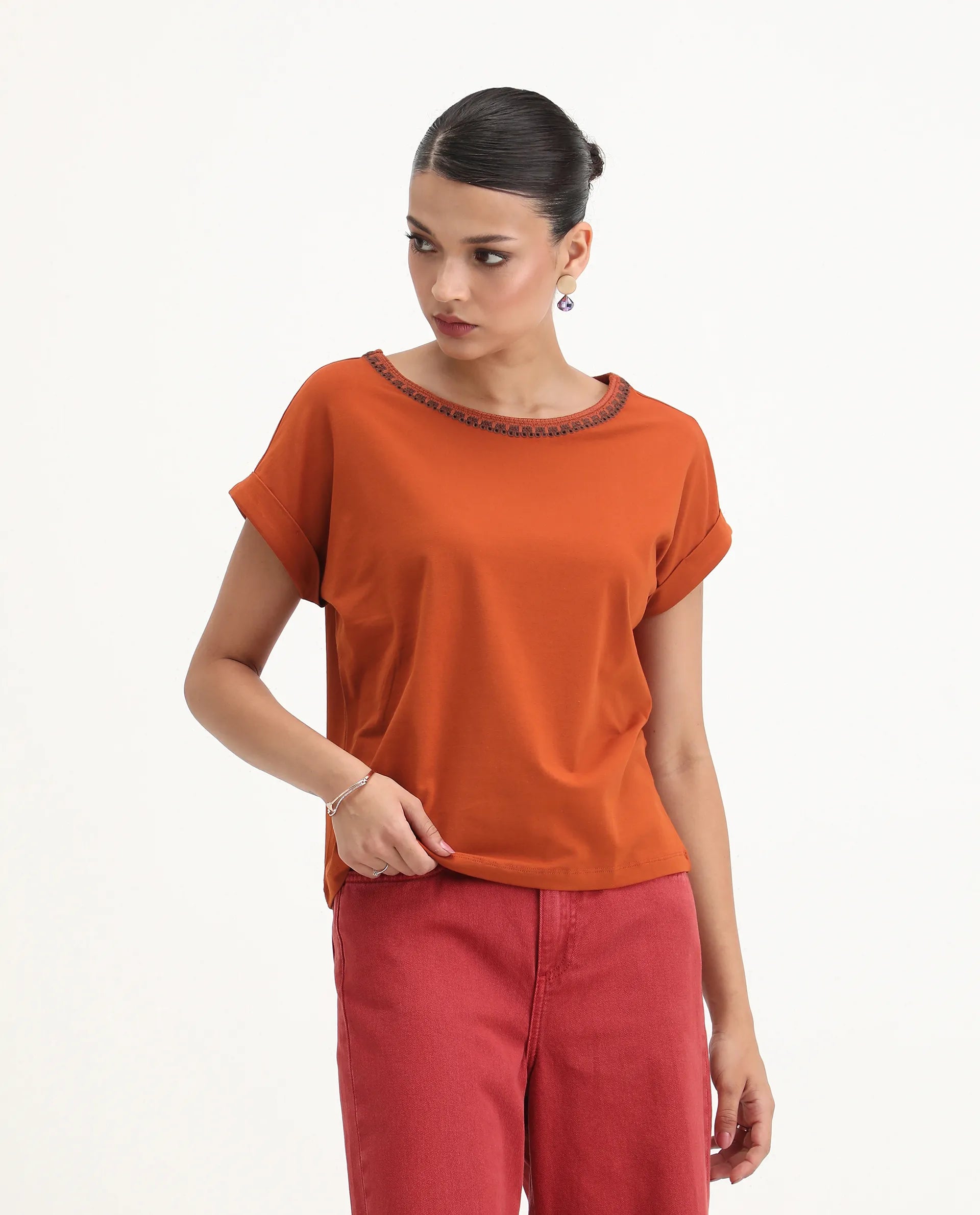 Rareism Women's Roncro Rust Cotton Blend Round Neck Plain Extended Sleeves Regular Fit T-Shirt