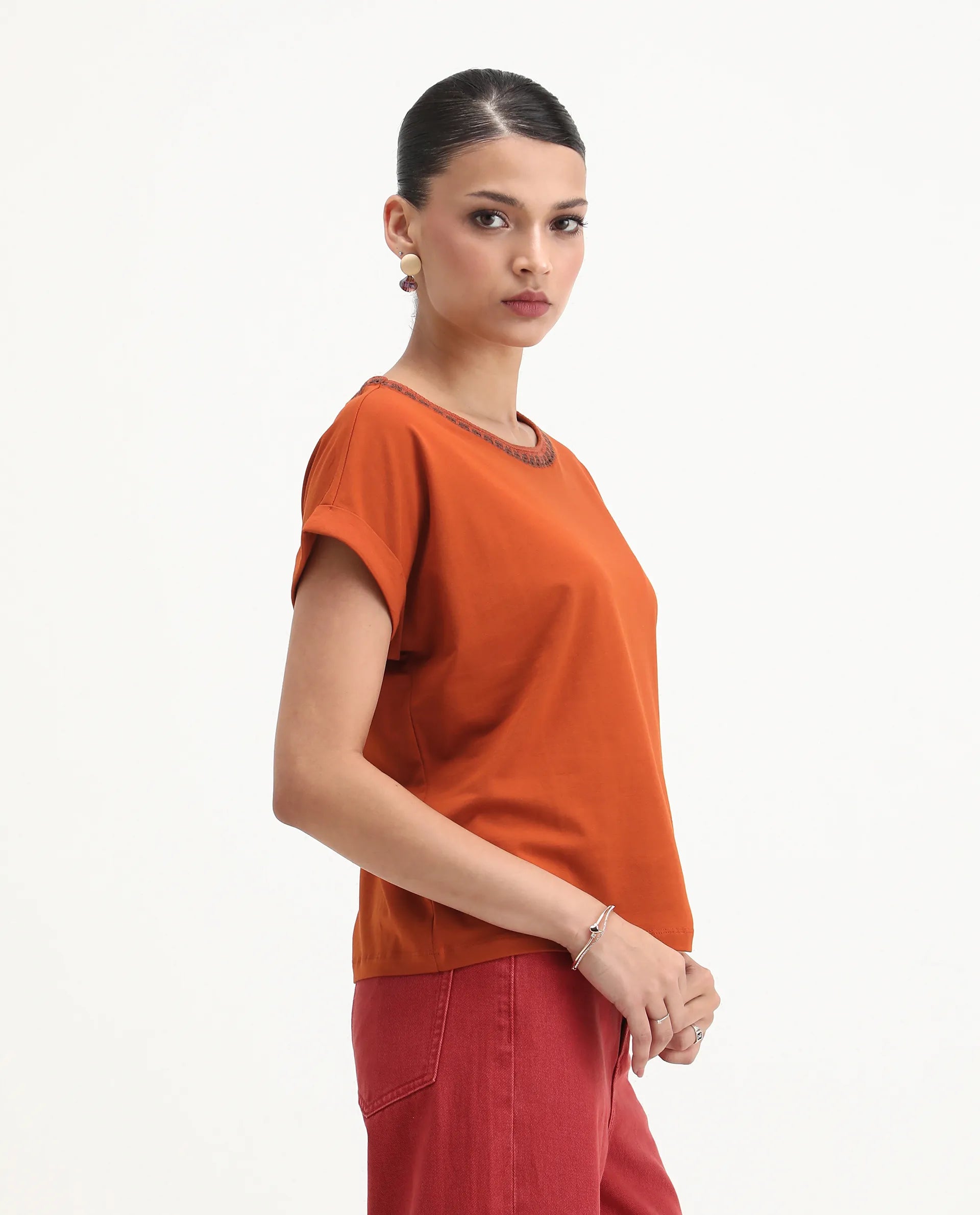 Rareism Women's Roncro Rust Cotton Blend Round Neck Plain Extended Sleeves Regular Fit T-Shirt