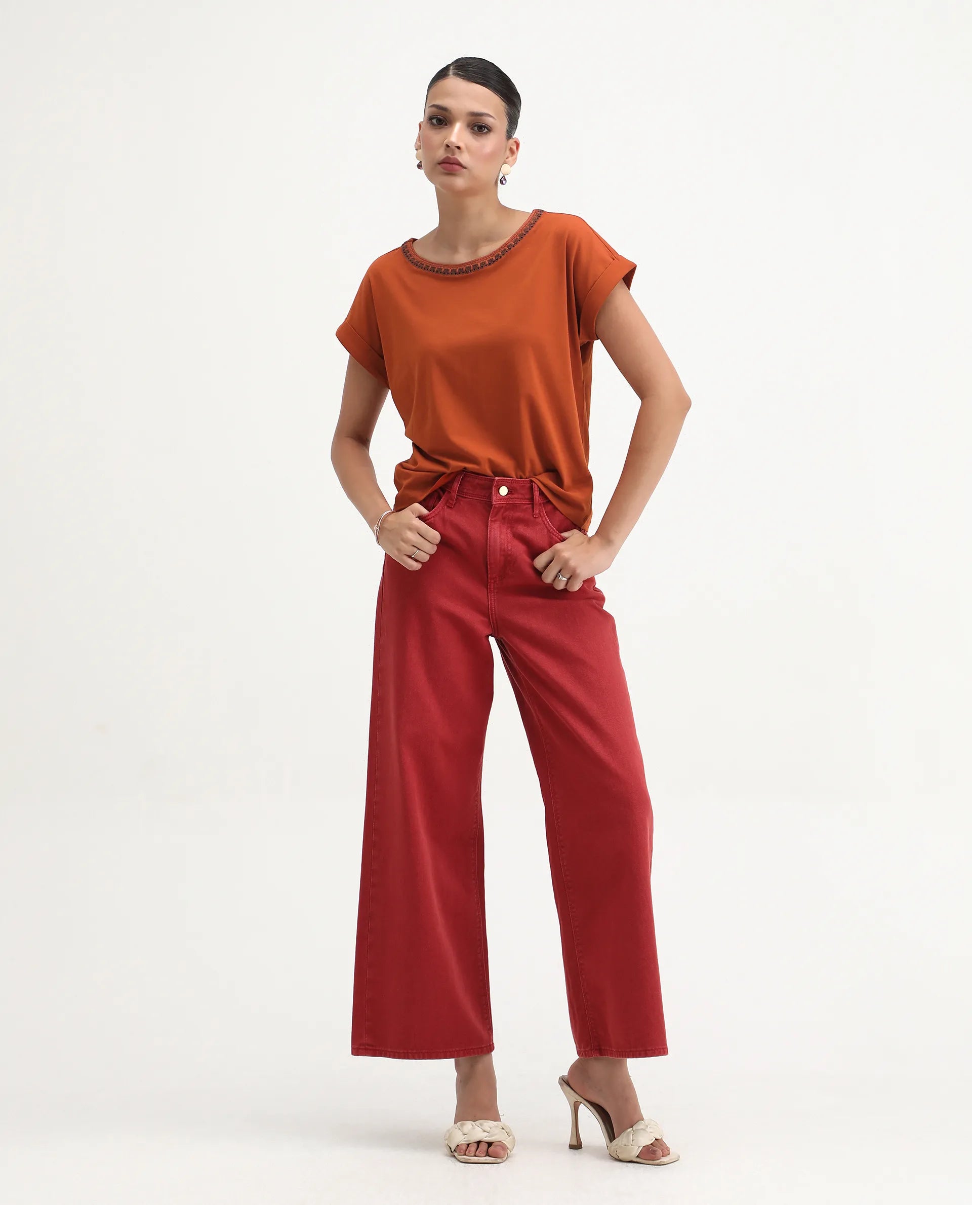 Rareism Women's Roncro Rust Cotton Blend Round Neck Plain Extended Sleeves Regular Fit T-Shirt