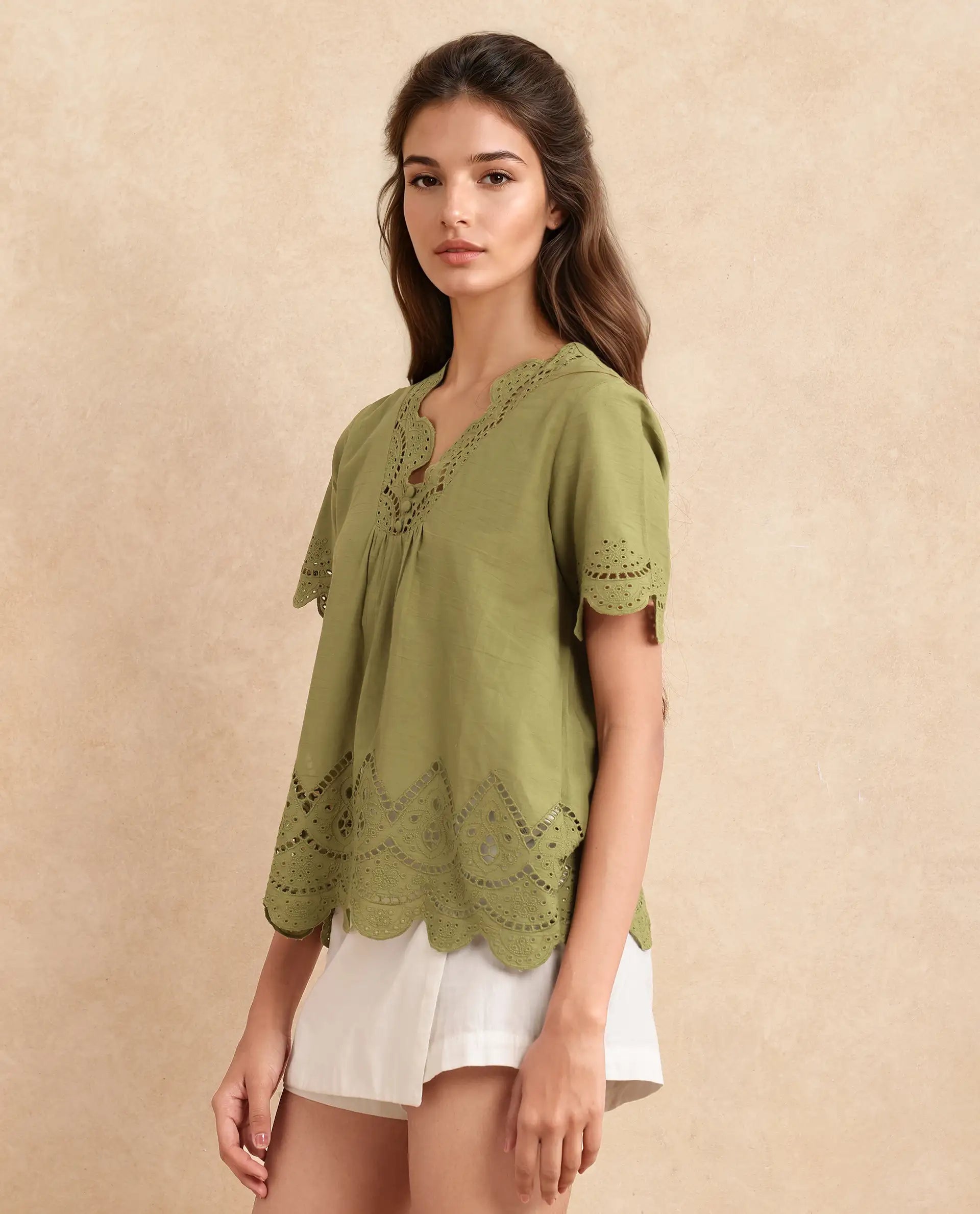 Rareism Women Rone Green Cotton Fabric Regular Sleeve V-Neck Regular Fit Cropped Plain Top