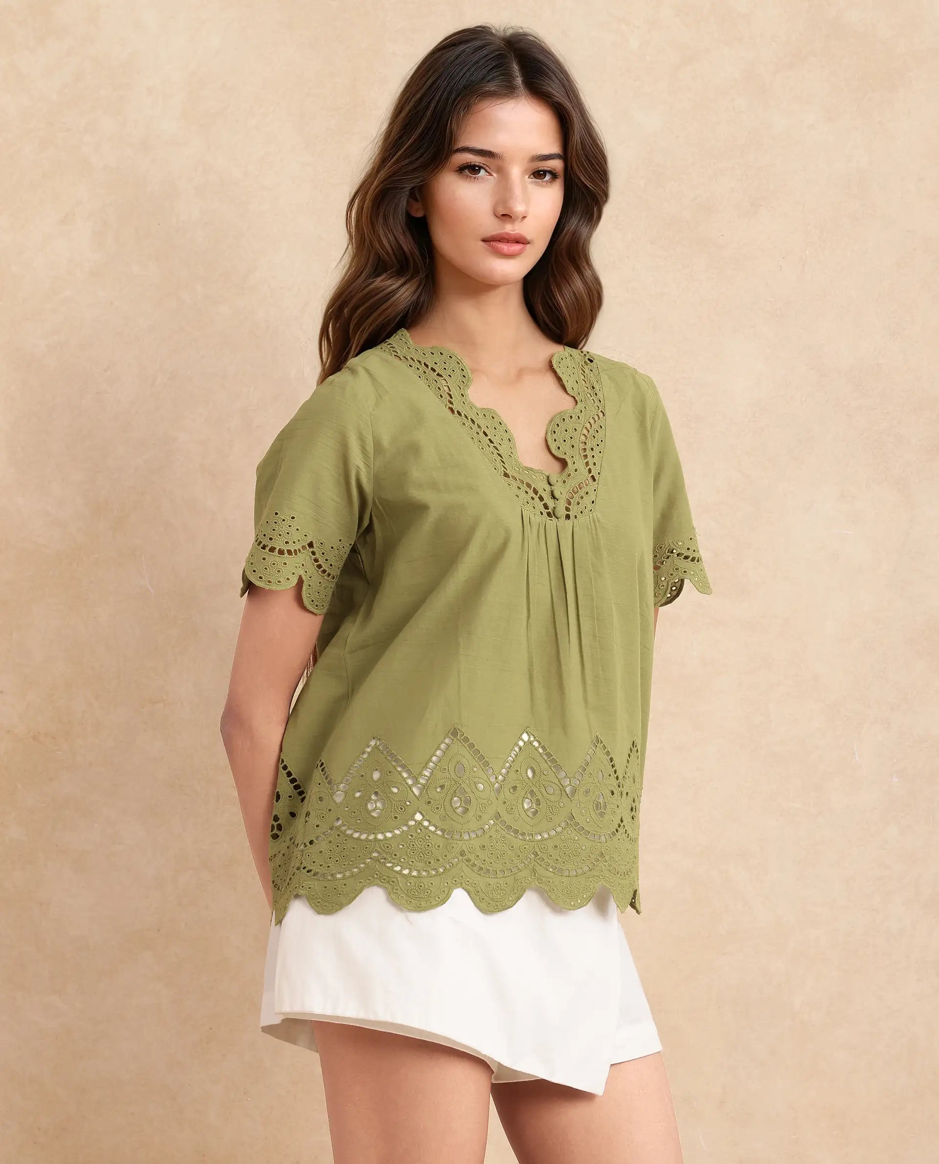 Rareism Women Rone Green Cotton Fabric Regular Sleeve V-Neck Regular Fit Cropped Plain Top