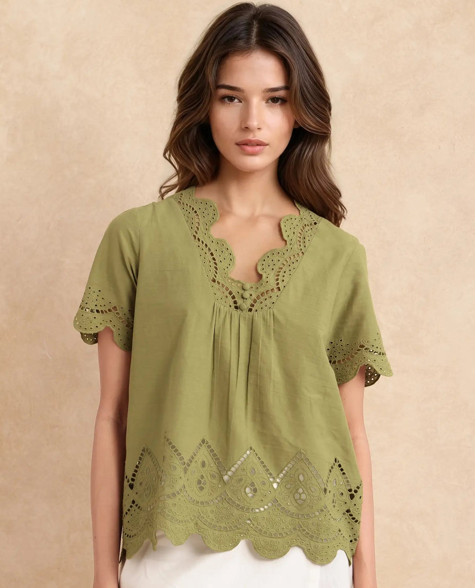 Rareism Women Rone Green Cotton Fabric Regular Sleeve V-Neck Regular Fit Cropped Plain Top