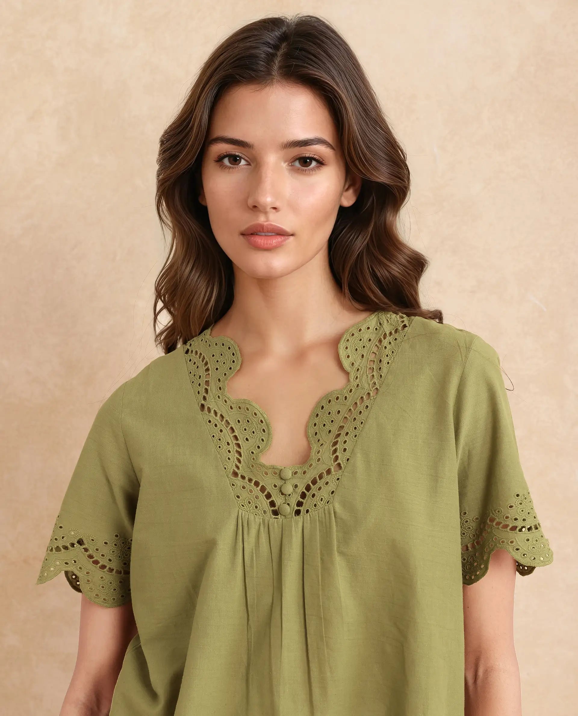 Rareism Women Rone Green Cotton Fabric Regular Sleeve V-Neck Regular Fit Cropped Plain Top
