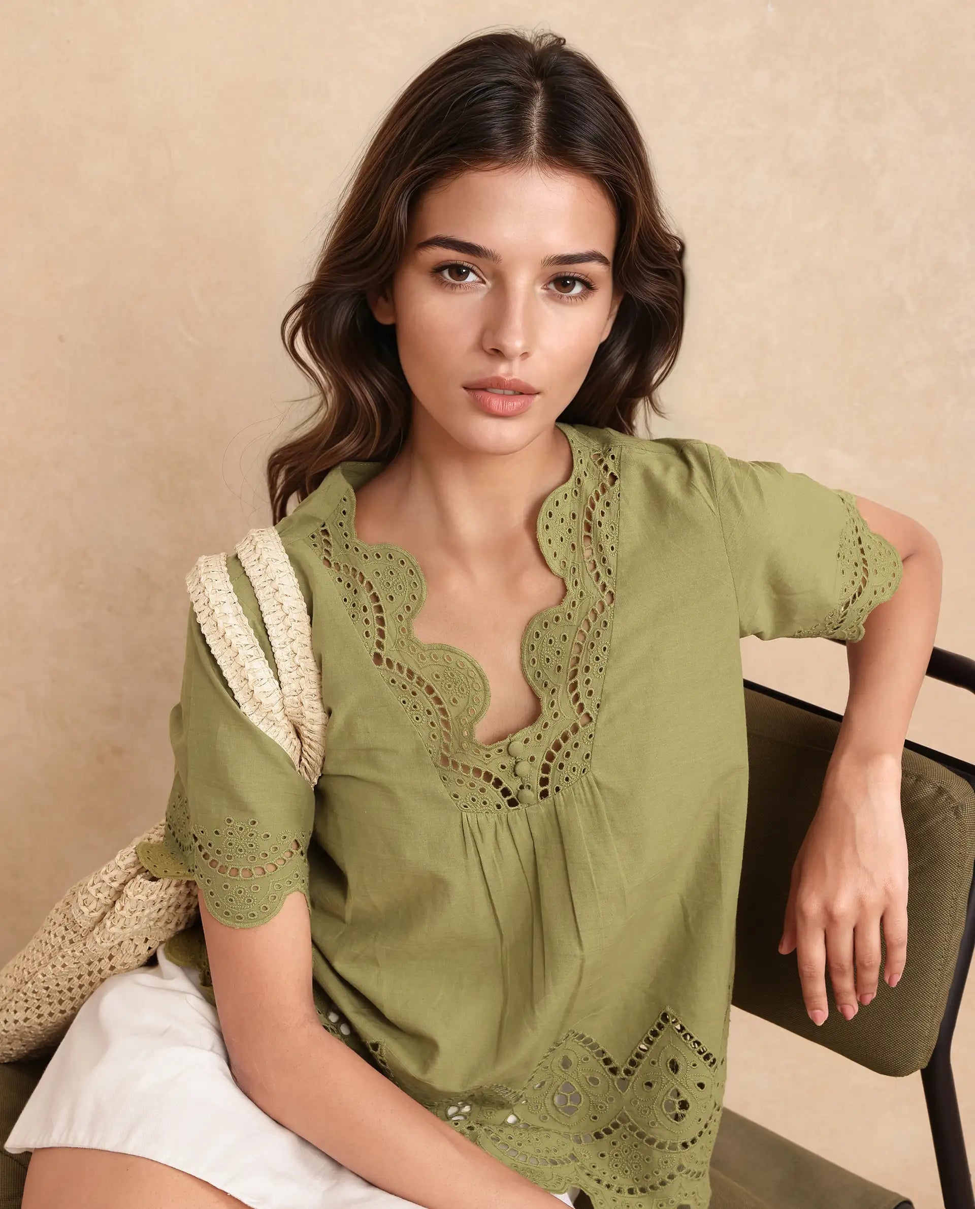 Rareism Women Rone Green Cotton Fabric Regular Sleeve V-Neck Regular Fit Cropped Plain Top