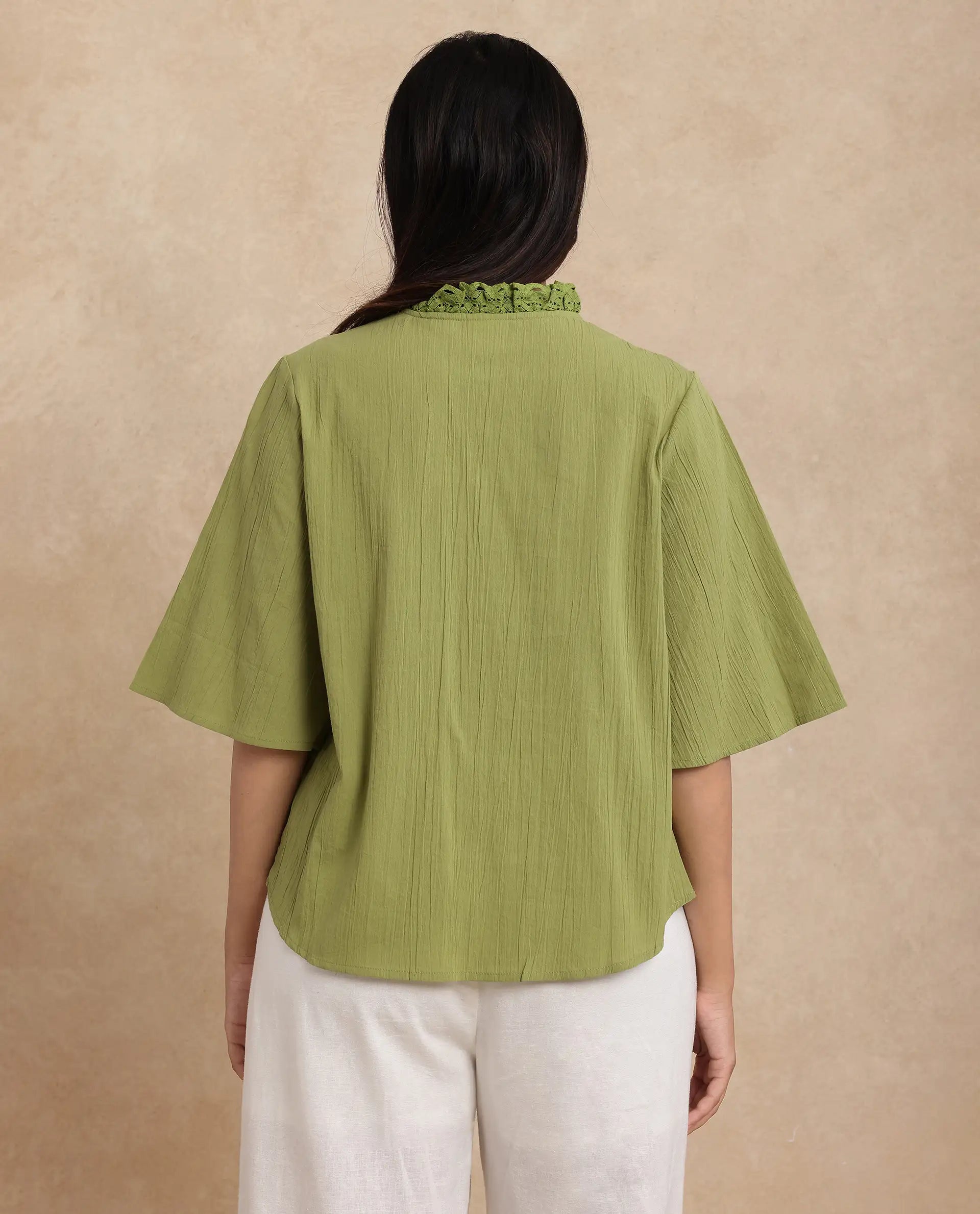 Rareism Women Ronelpa Light Olive Cotton Fabric Bell Sleeves Round Neck Regular Fit Plain Top