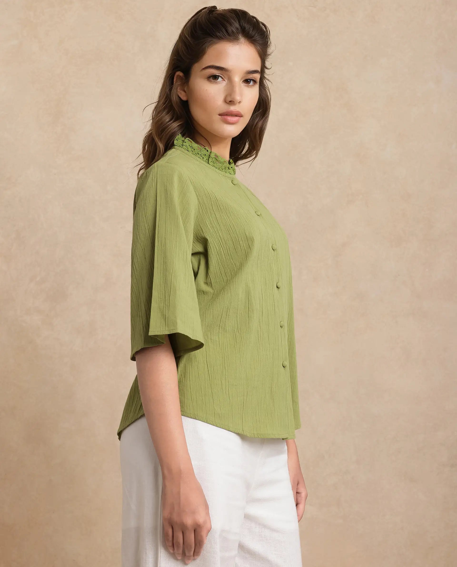 Rareism Women Ronelpa Light Olive Cotton Fabric Bell Sleeves Round Neck Regular Fit Plain Top