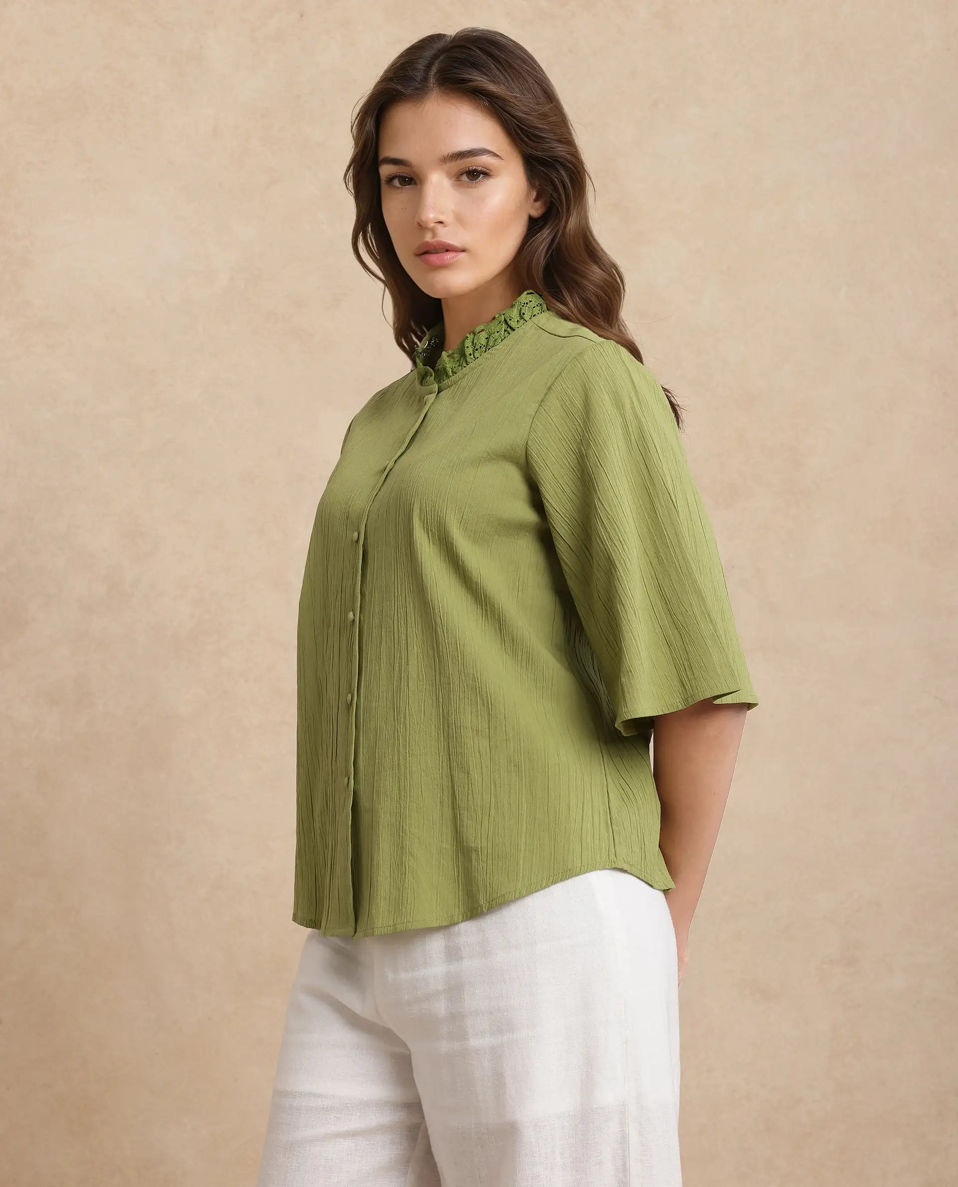 Rareism Women Ronelpa Light Olive Cotton Fabric Bell Sleeves Round Neck Regular Fit Plain Top