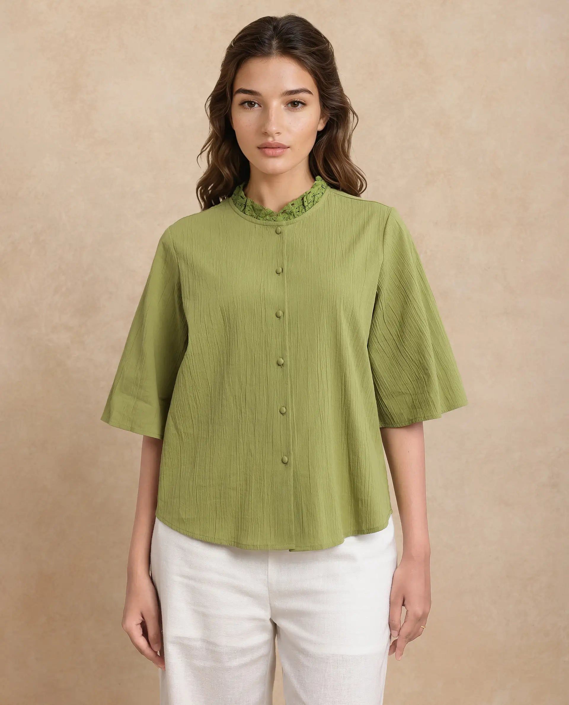 Rareism Women Ronelpa Light Olive Cotton Fabric Bell Sleeves Round Neck Regular Fit Plain Top