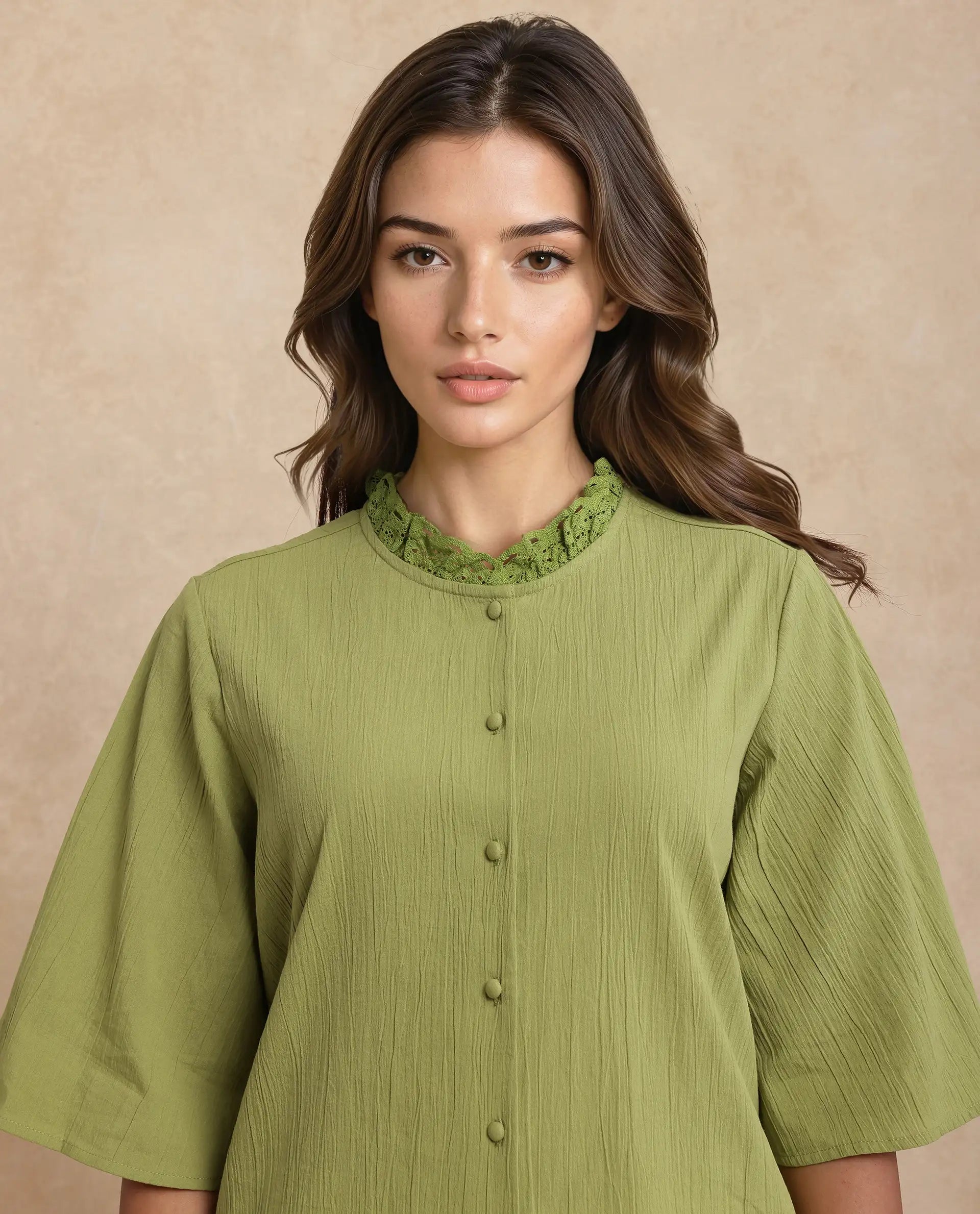 Rareism Women Ronelpa Light Olive Cotton Fabric Bell Sleeves Round Neck Regular Fit Plain Top