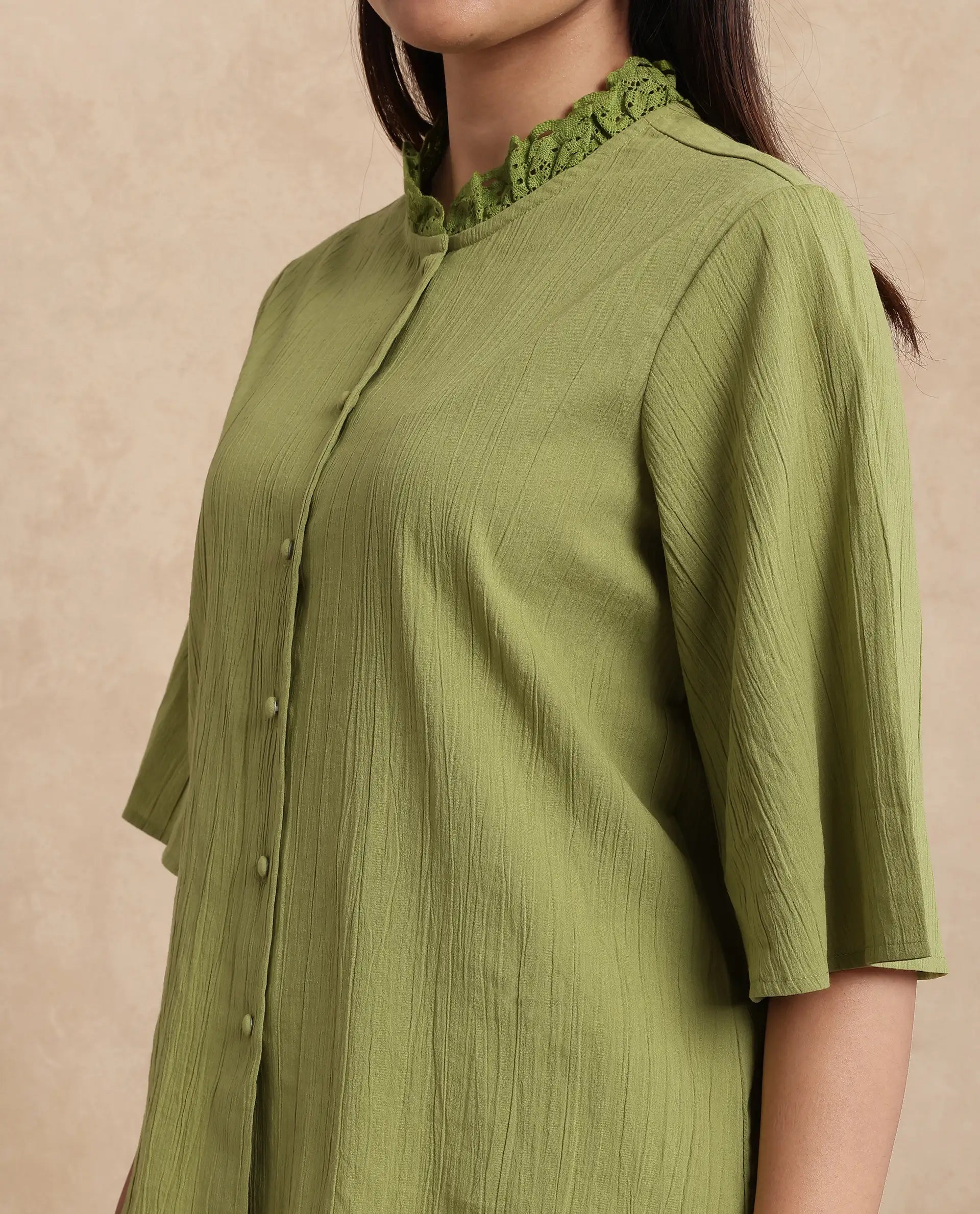 Rareism Women Ronelpa Light Olive Cotton Fabric Bell Sleeves Round Neck Regular Fit Plain Top