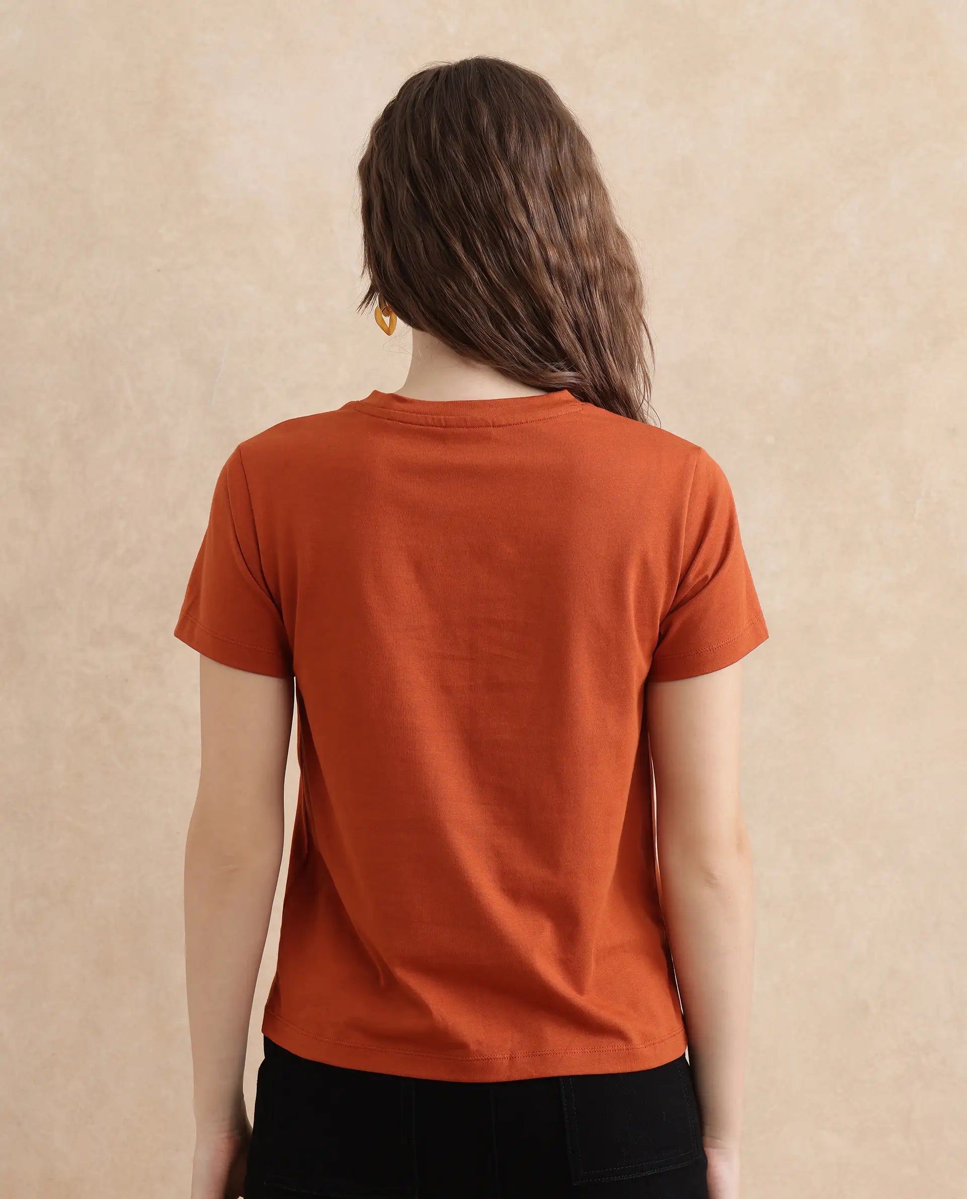 Rareism Women Ronelp Rust Cotton Fabric Regular Sleeve Round Neck Regular Fit Paisley Print T-Shirt