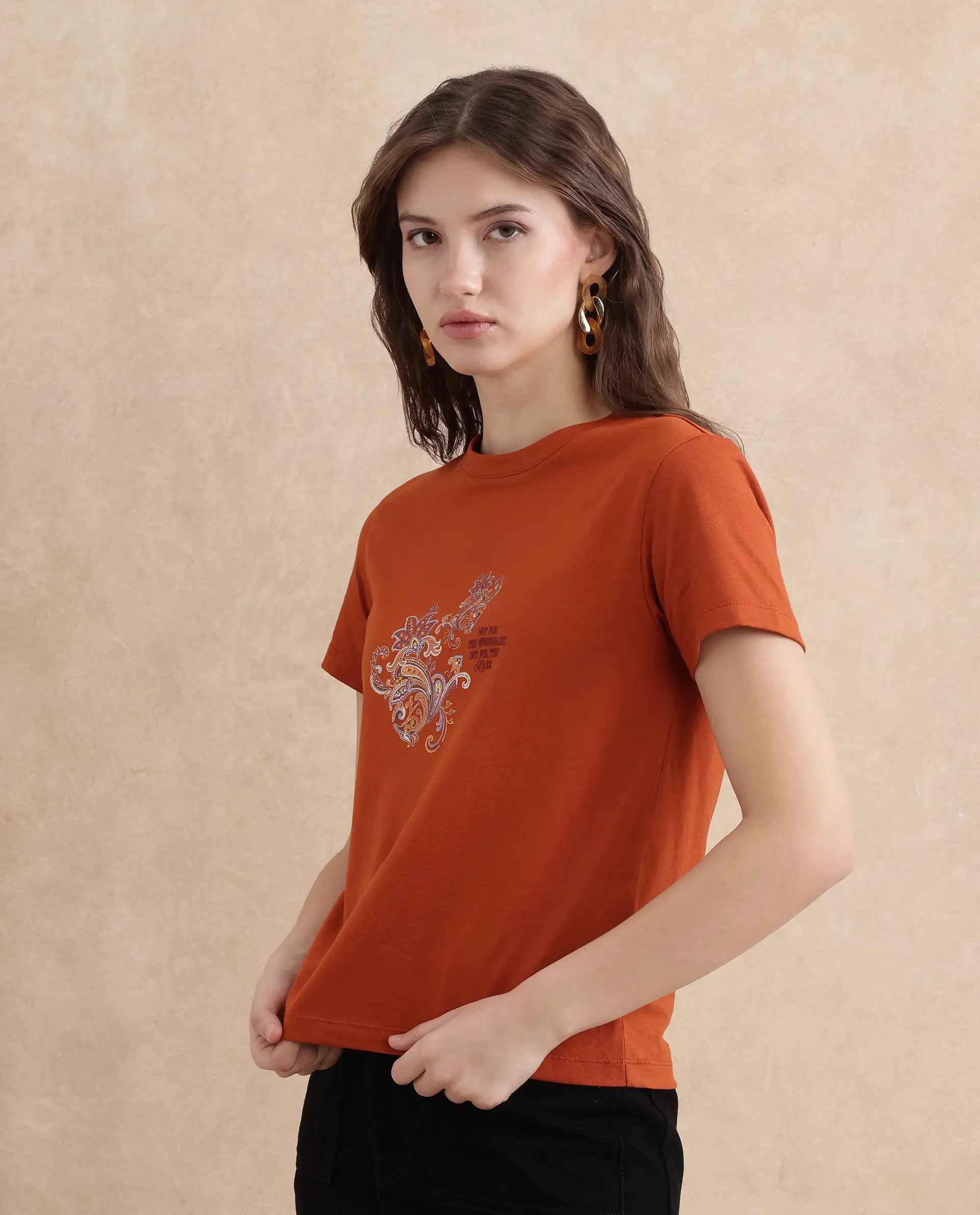 Rareism Women Ronelp Rust Cotton Fabric Regular Sleeve Round Neck Regular Fit Paisley Print T-Shirt