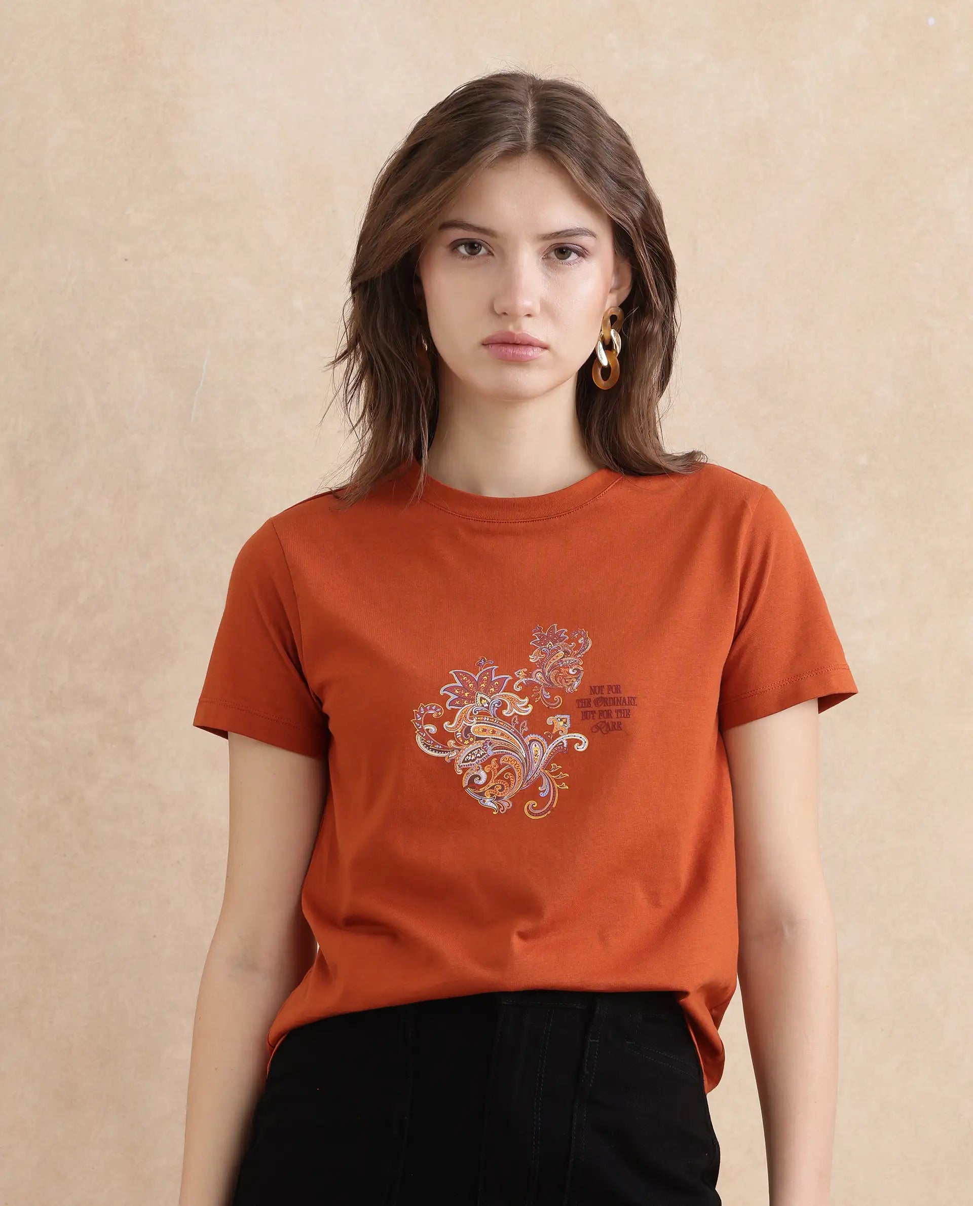 Rareism Women Ronelp Rust Cotton Fabric Regular Sleeve Round Neck Regular Fit Paisley Print T-Shirt