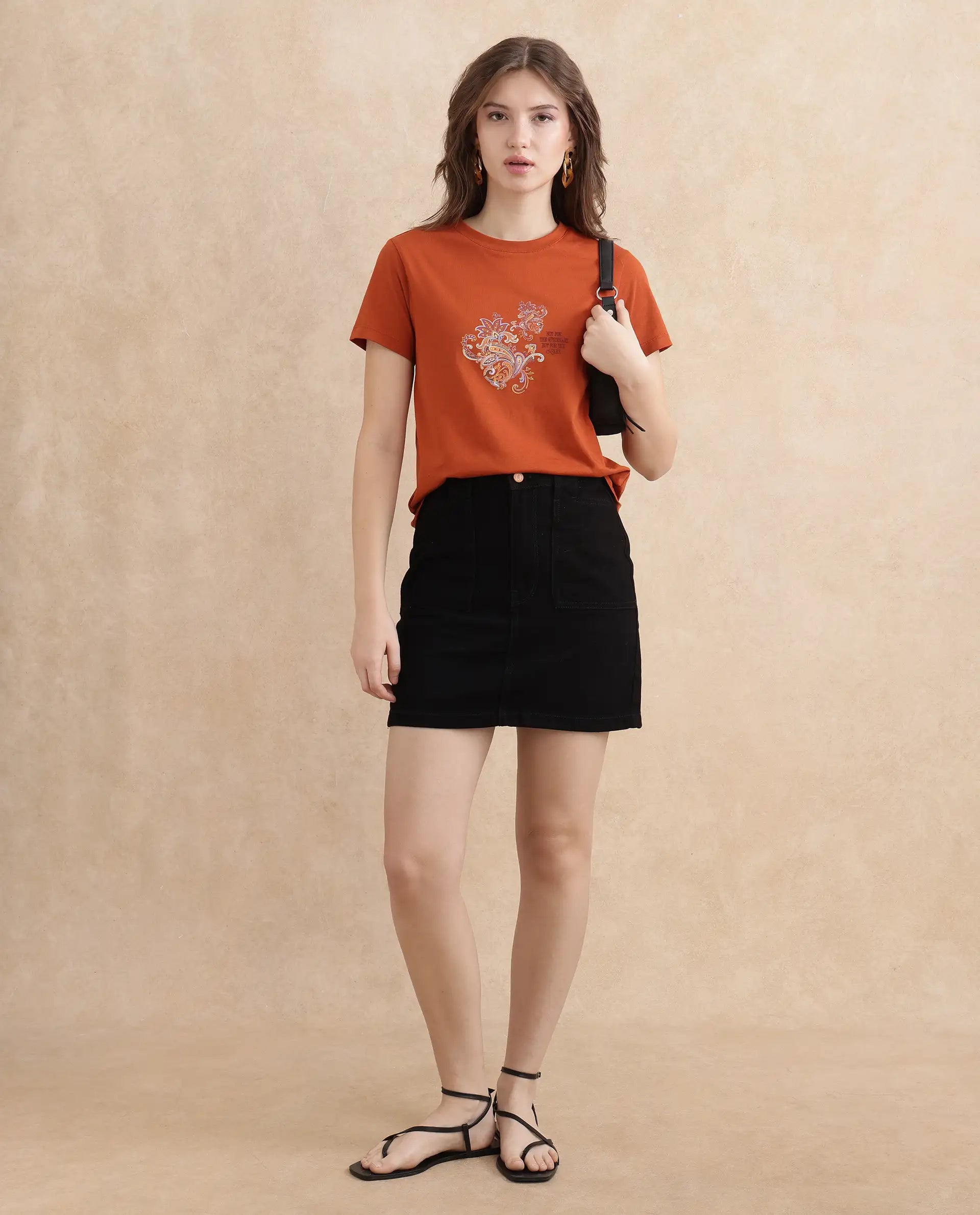 Rareism Women Ronelp Rust Cotton Fabric Regular Sleeve Round Neck Regular Fit Paisley Print T-Shirt