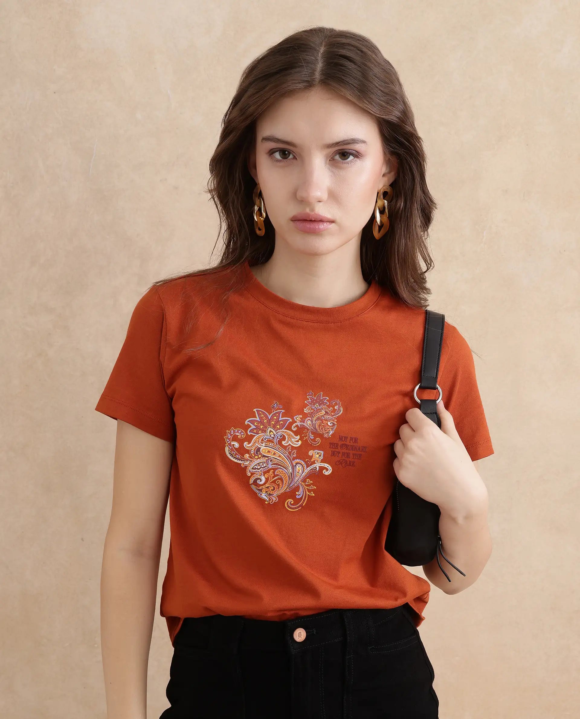 Rareism Women Ronelp Rust Cotton Fabric Regular Sleeve Round Neck Regular Fit Paisley Print T-Shirt