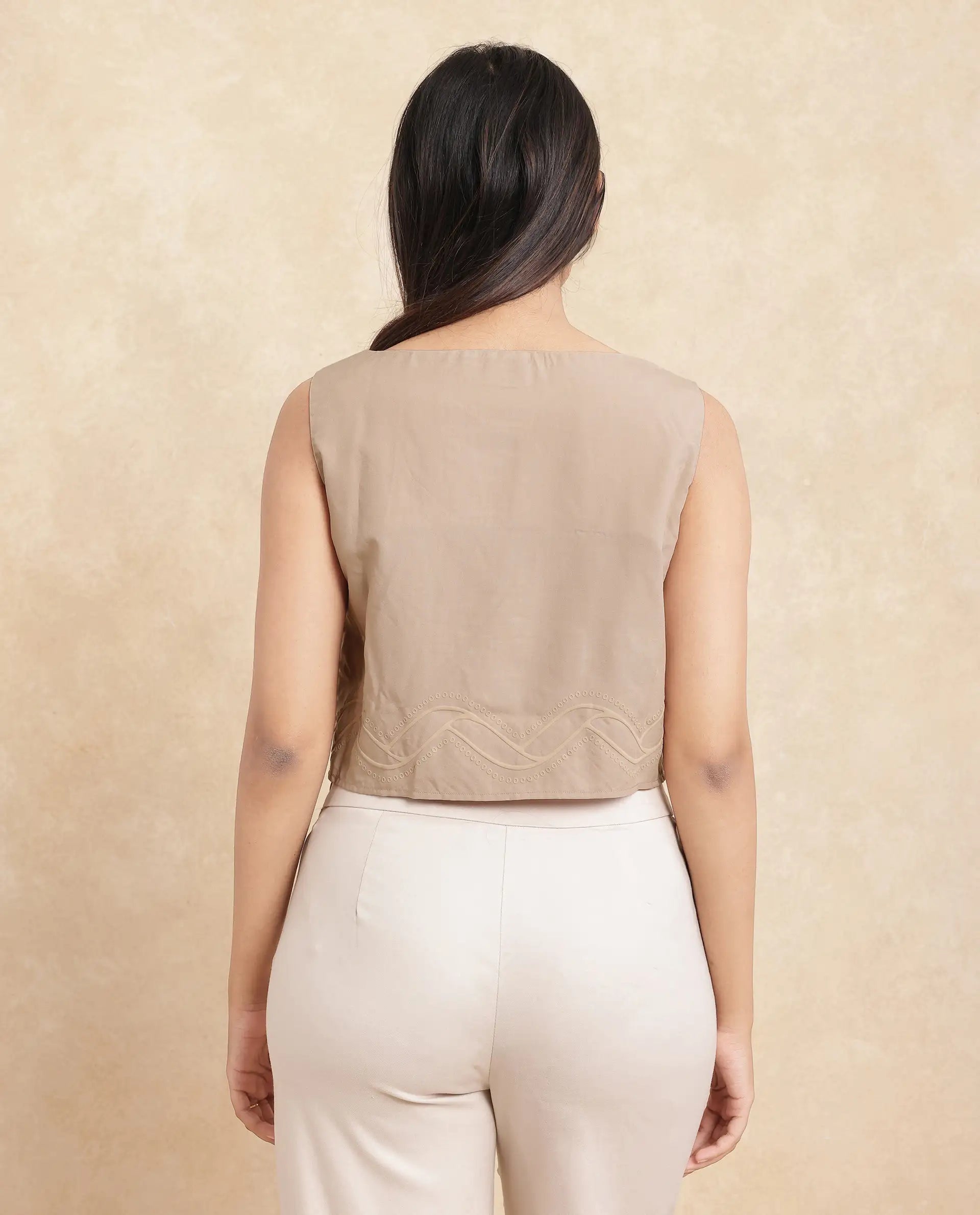 Rareism Women Roneshif-T Beige Viscose Fabric Sleeveless Round Neck Regular Fit Cropped Plain Top