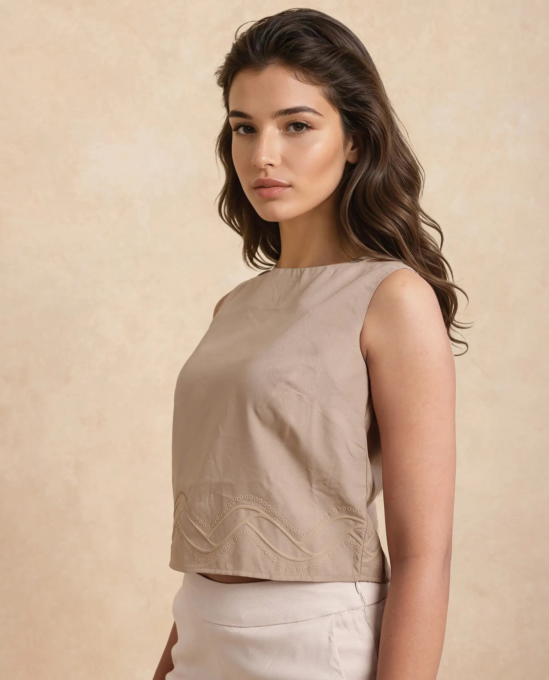 Rareism Women Roneshif-T Beige Viscose Fabric Sleeveless Round Neck Regular Fit Cropped Plain Top