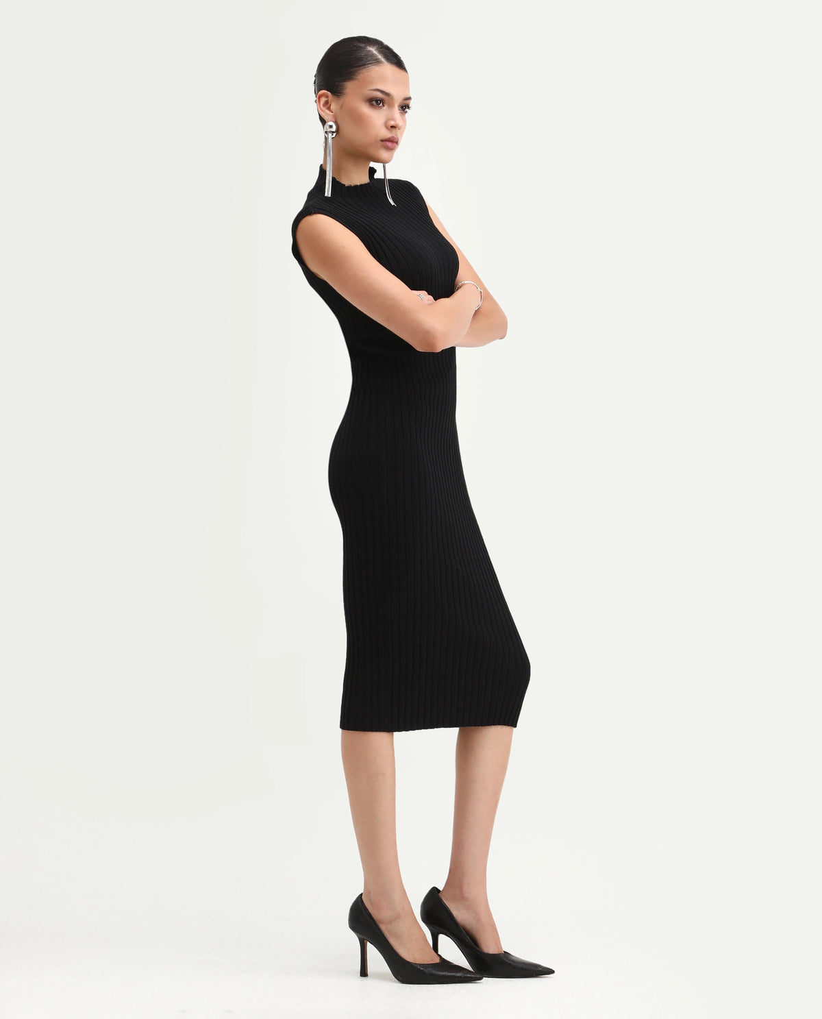 Rareism Women's Ronfa Black Viscose Blend High Neck Plain Sleeveless Midi Bodycon Dress