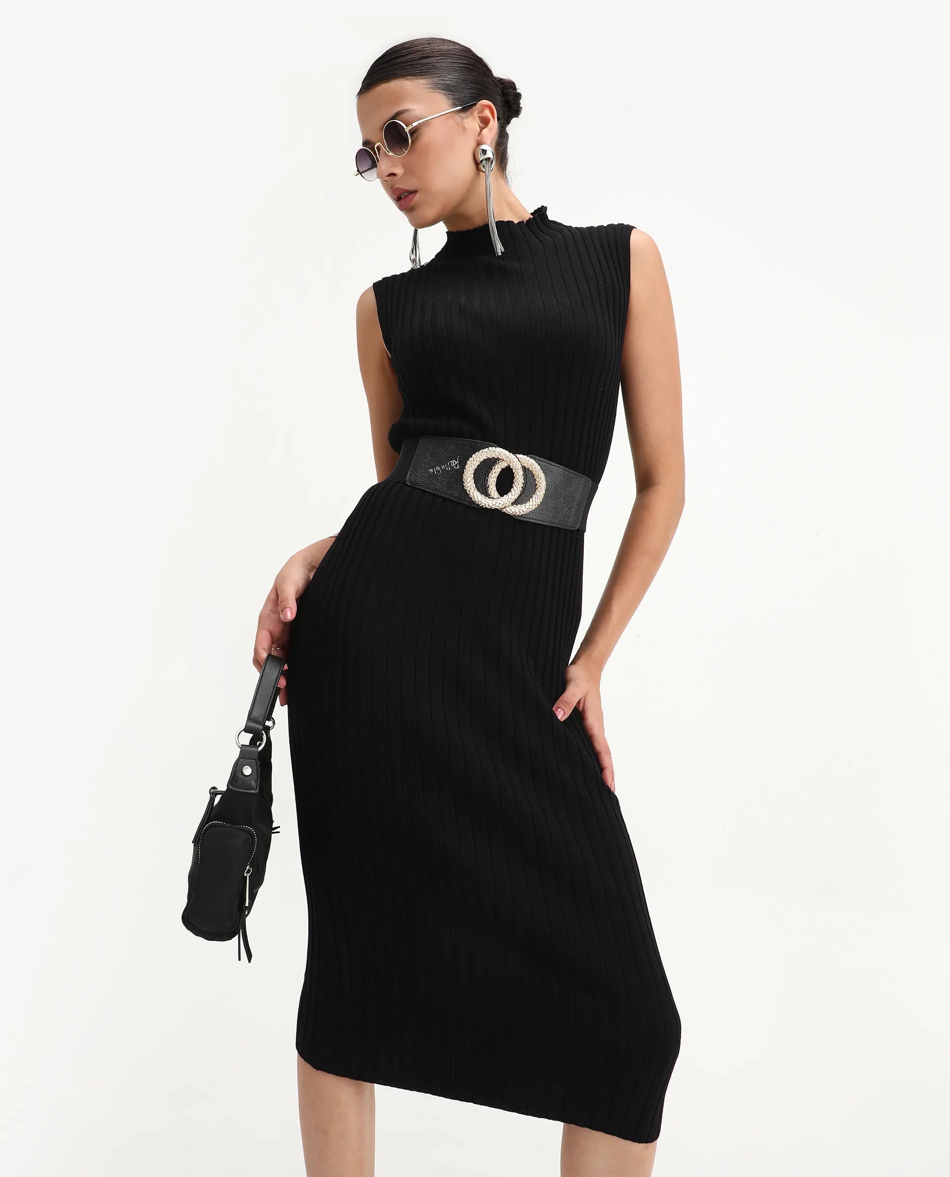 Buy Ronfa - Black Plain Midi Dress| Rareism Buy Ronfa - Black Plain Midi Dress| Rareism