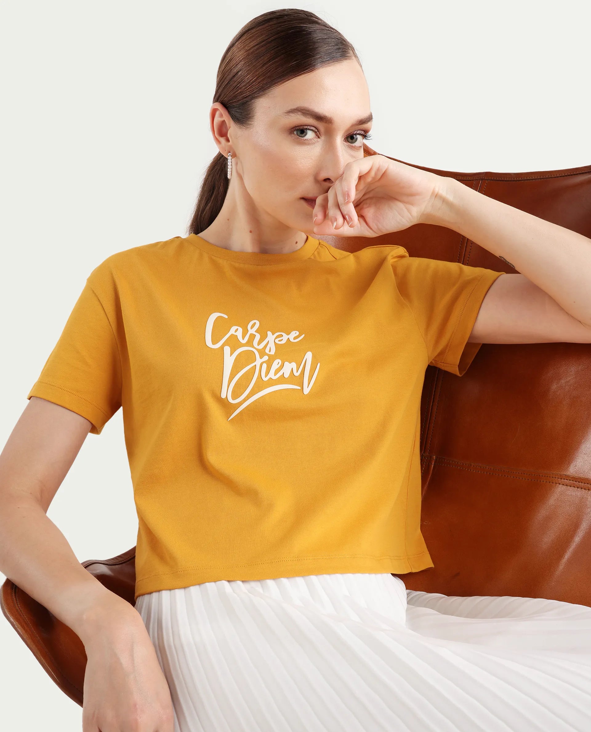 Rareism Women's Ronfel-R Mustard Cotton Regular Typography Print T-Shirt