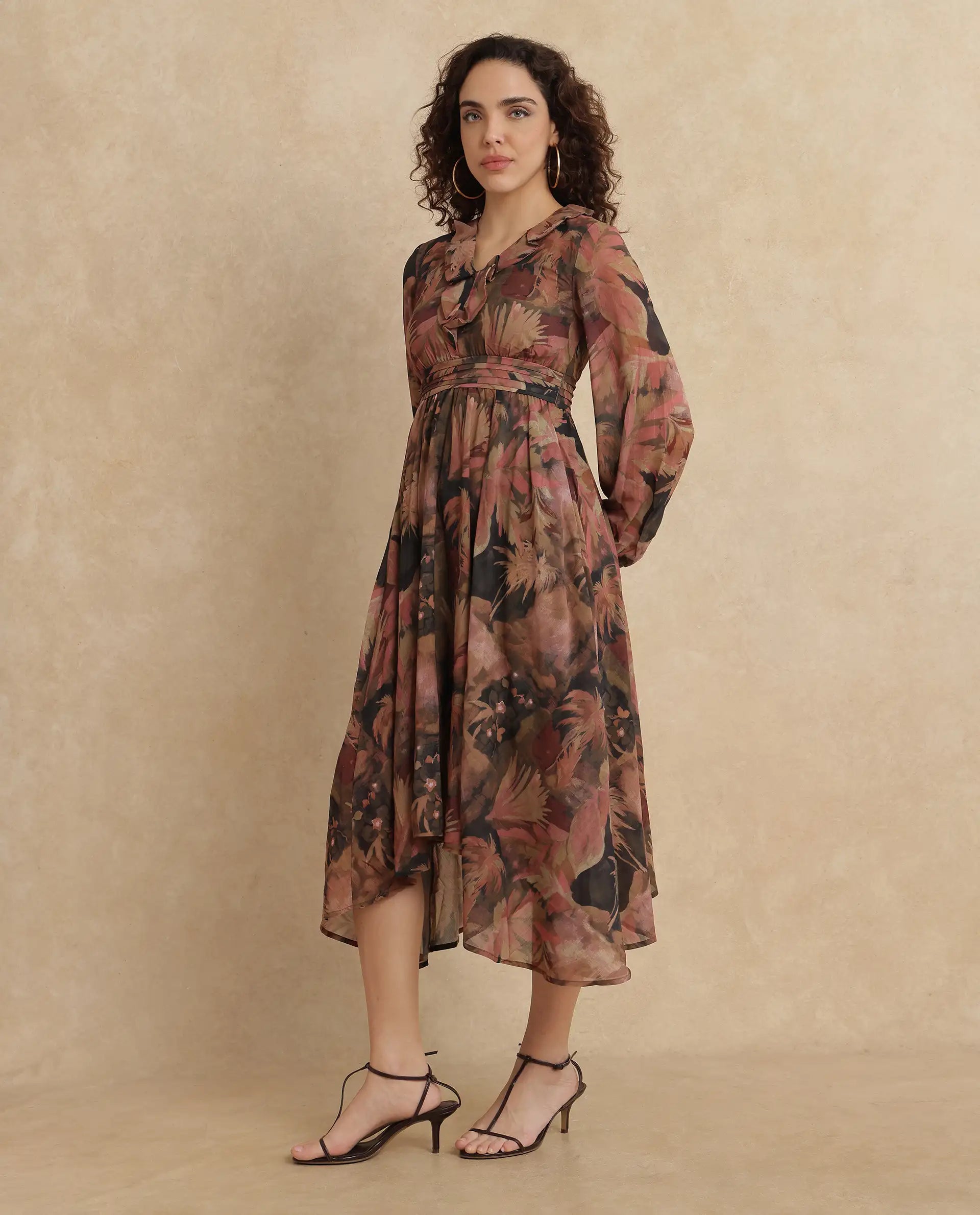 Rareism Women's Ronfriko Dark Green Polyester Fabric V-Neck Zipper Closure Bell Sleeve Floral Print Fit And Flare Midi Dress