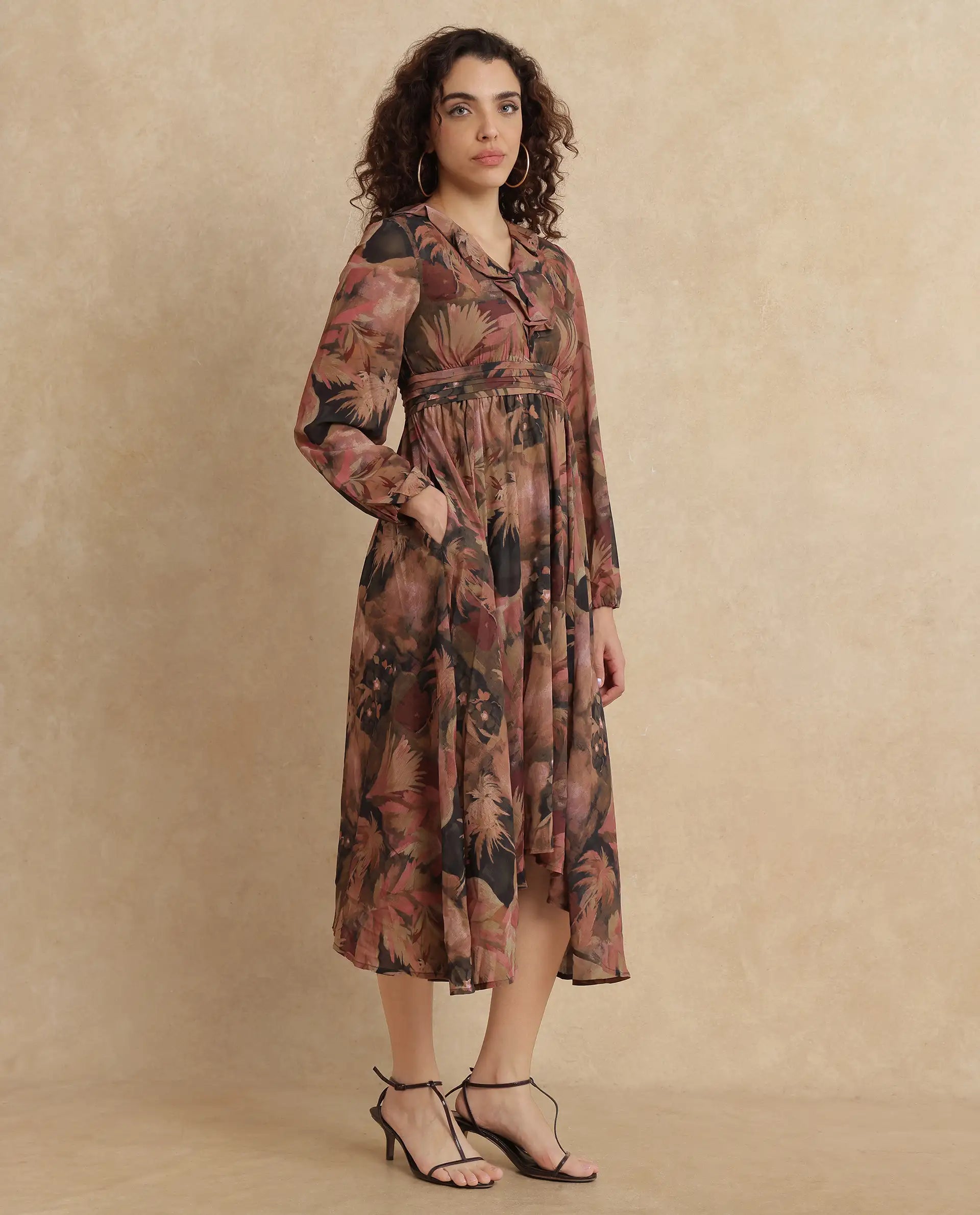 Rareism Women's Ronfriko Dark Green Polyester Fabric V-Neck Zipper Closure Bell Sleeve Floral Print Fit And Flare Midi Dress