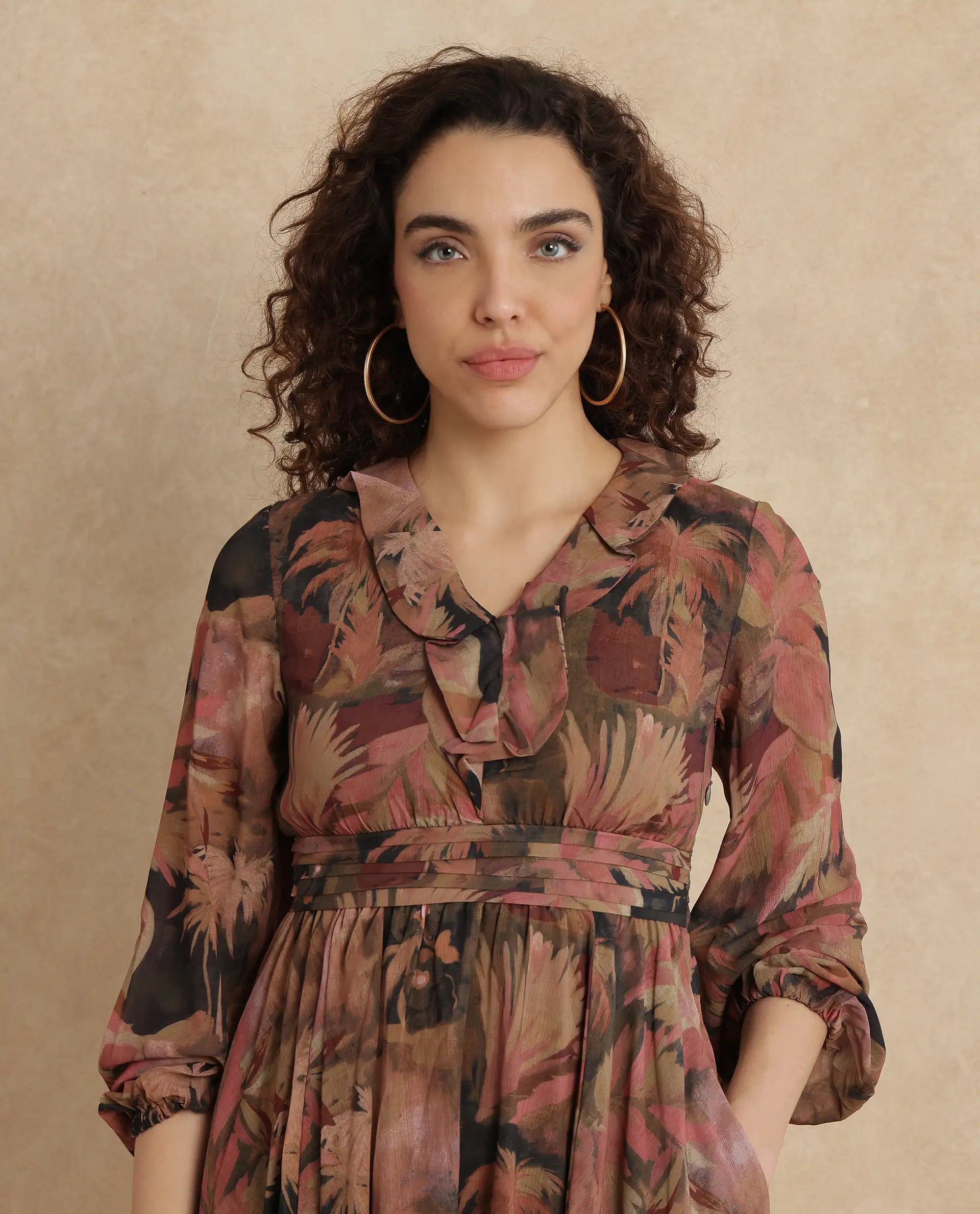 Rareism Women's Ronfriko Dark Green Polyester Fabric V-Neck Zipper Closure Bell Sleeve Floral Print Fit And Flare Midi Dress