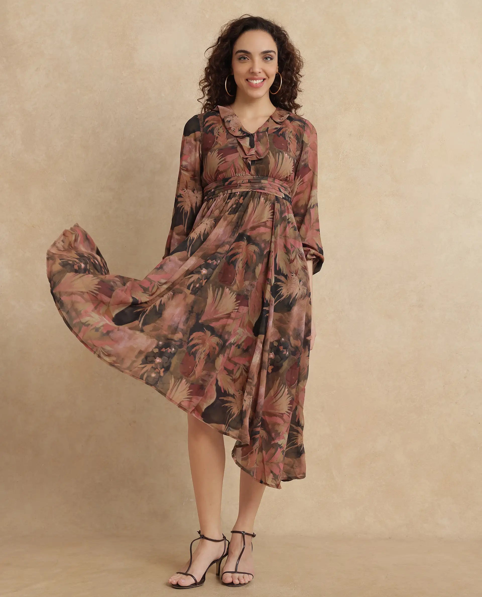 Rareism Women's Ronfriko Dark Green Polyester Fabric V-Neck Zipper Closure Bell Sleeve Floral Print Fit And Flare Midi Dress