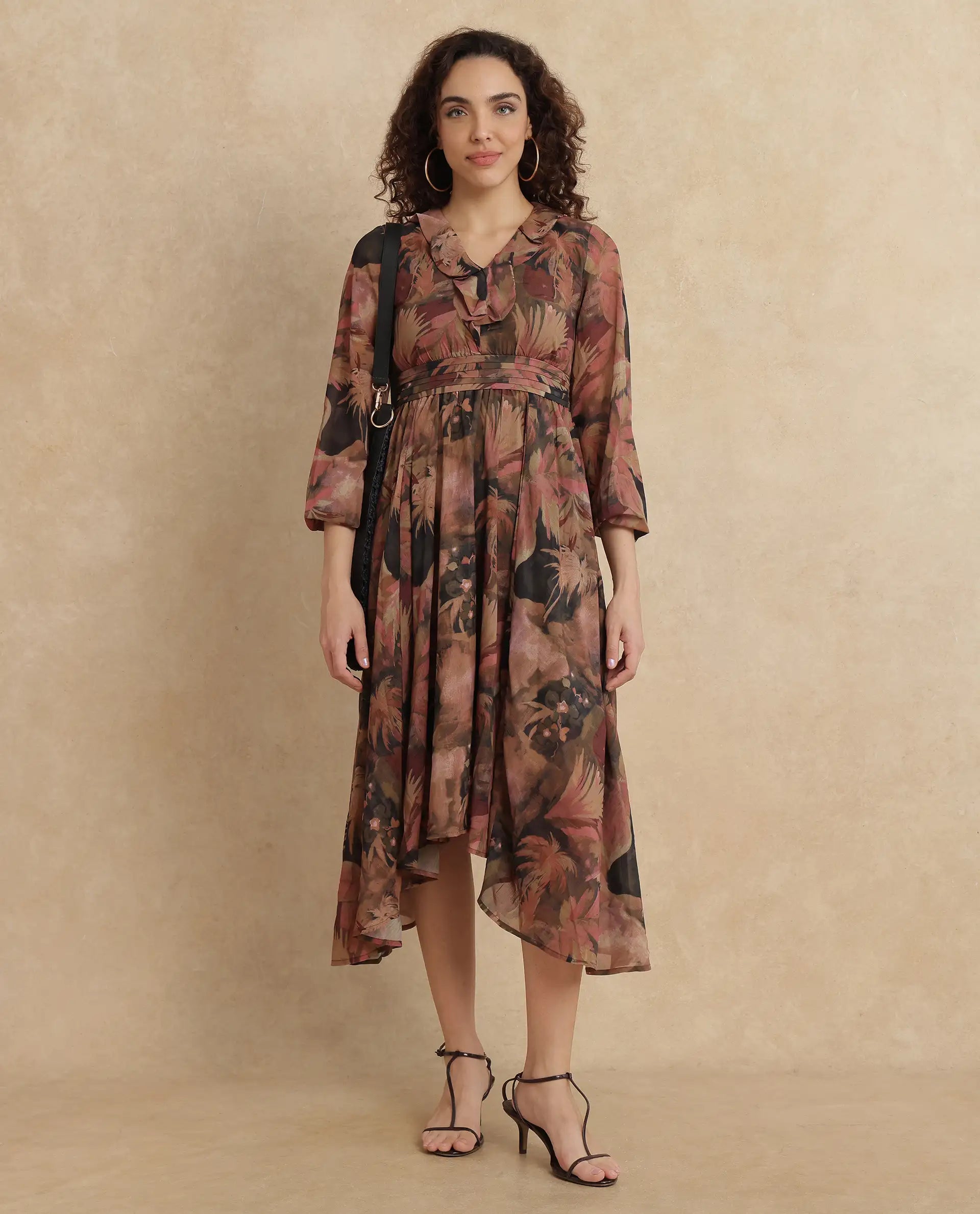 Rareism Women's Ronfriko Dark Green Polyester Fabric V-Neck Zipper Closure Bell Sleeve Floral Print Fit And Flare Midi Dress